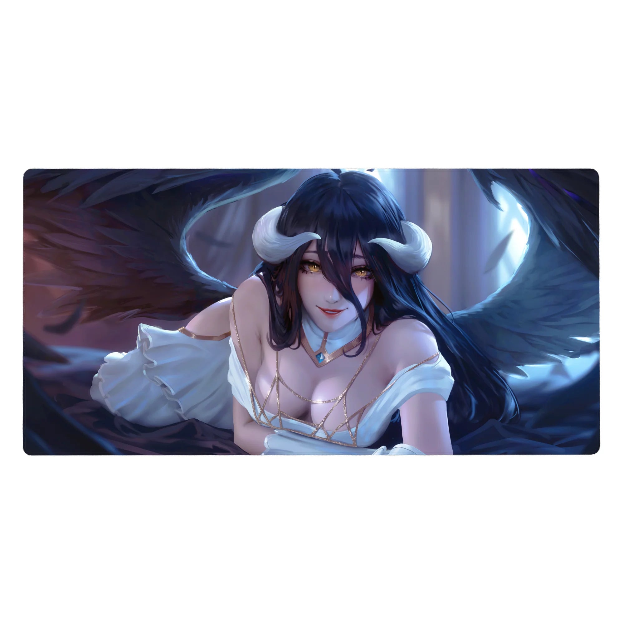 Albedo from Overlord graces this 40x20 inch anime mouse pad with her captivating gaze, golden eyes, and dark wings.