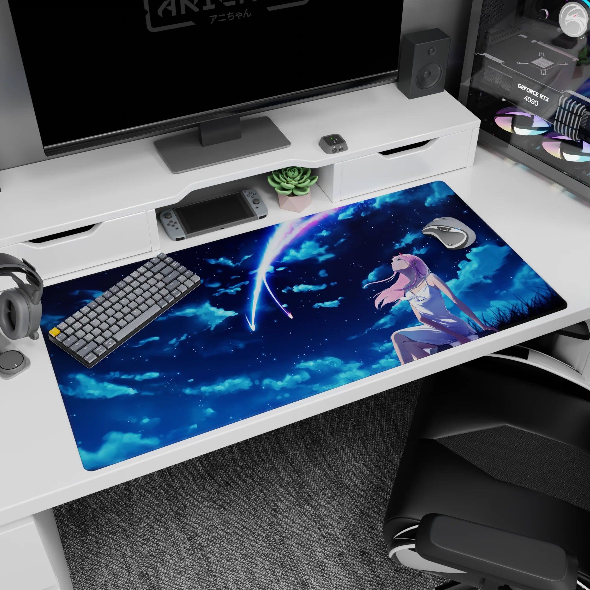 Breathtaking 40x20 anime desk mat featuring Zero Two from Darling in the Franxx, immersed in a starry night with deep blues and soft pinks