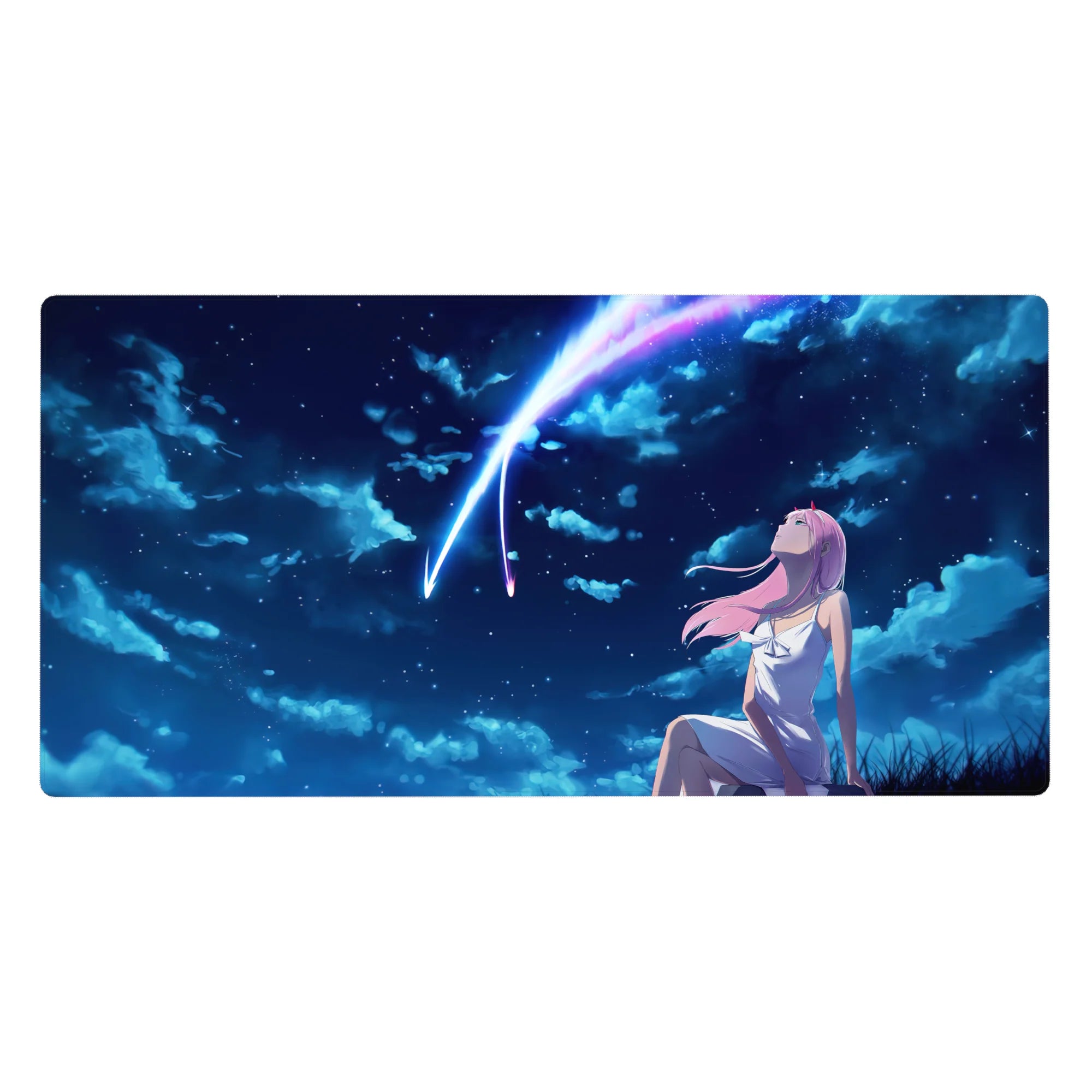 Zero Two 40x20 desk pad from Darling in the Franxx, featuring her lost in a starry night sky with deep blues and soft pinks for a celestial, romantic vibe