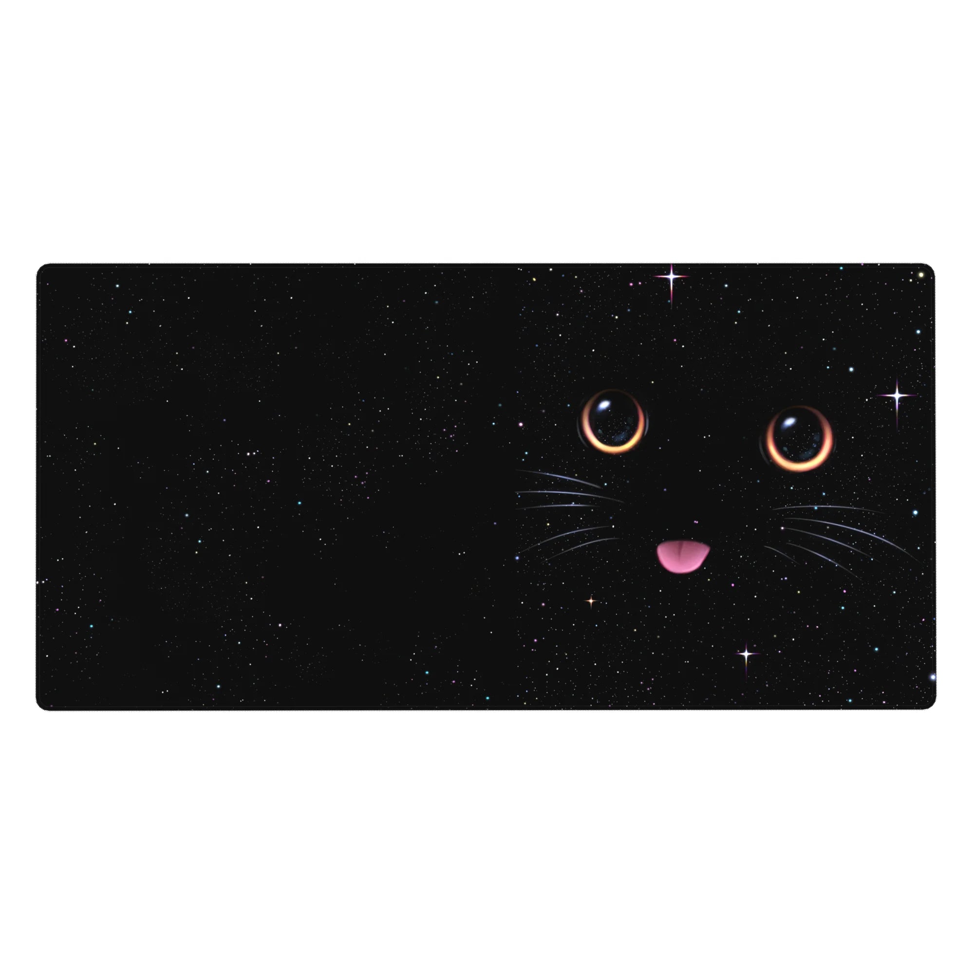 Black cosmic kitty galaxy desk pad, 40x20 inches, with starlight speckles and glossy eyes.