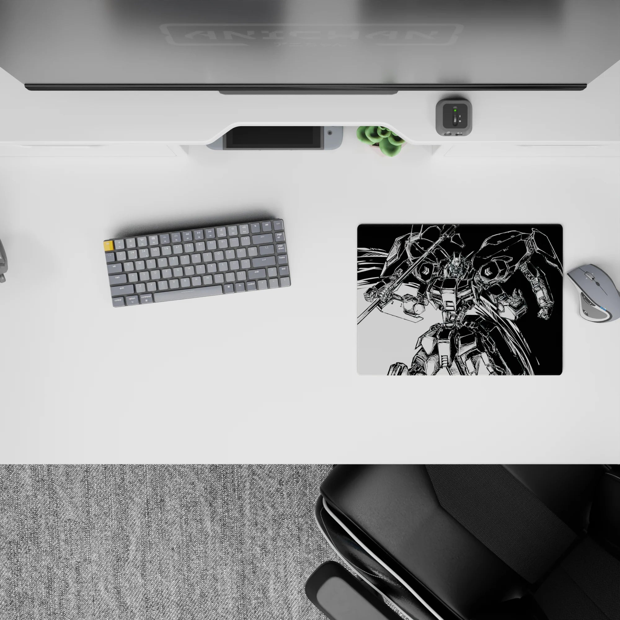 14x10 inches black-and-white manga contrast anime mouse pad with bold, dramatic mecha action vibe.