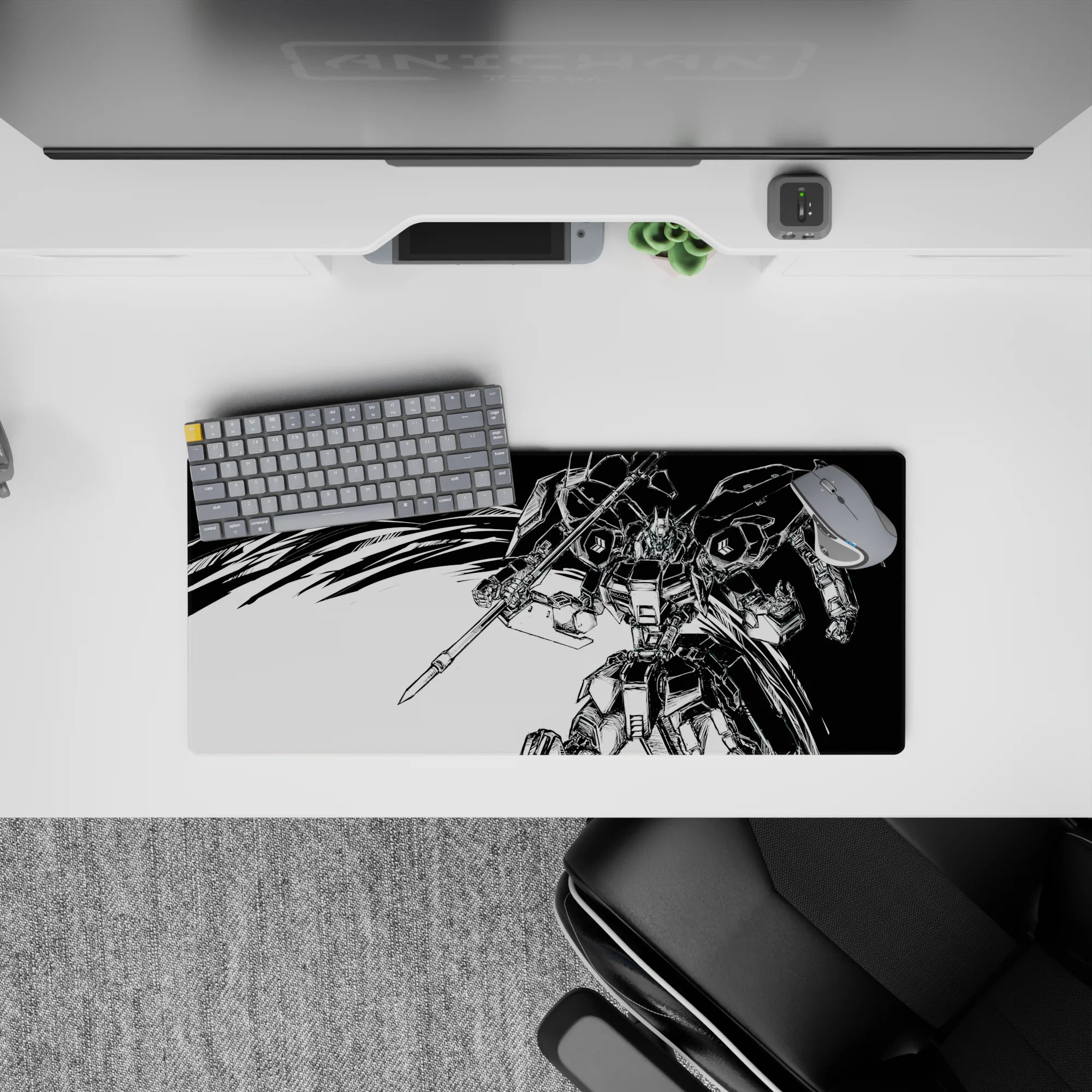 28x12 inches anime mouse pad in ink-black and bright white, high-contrast manga shading with chaotic speed lines.