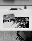 28x12 inches anime mouse pad in ink-black and bright white, high-contrast manga shading with chaotic speed lines.