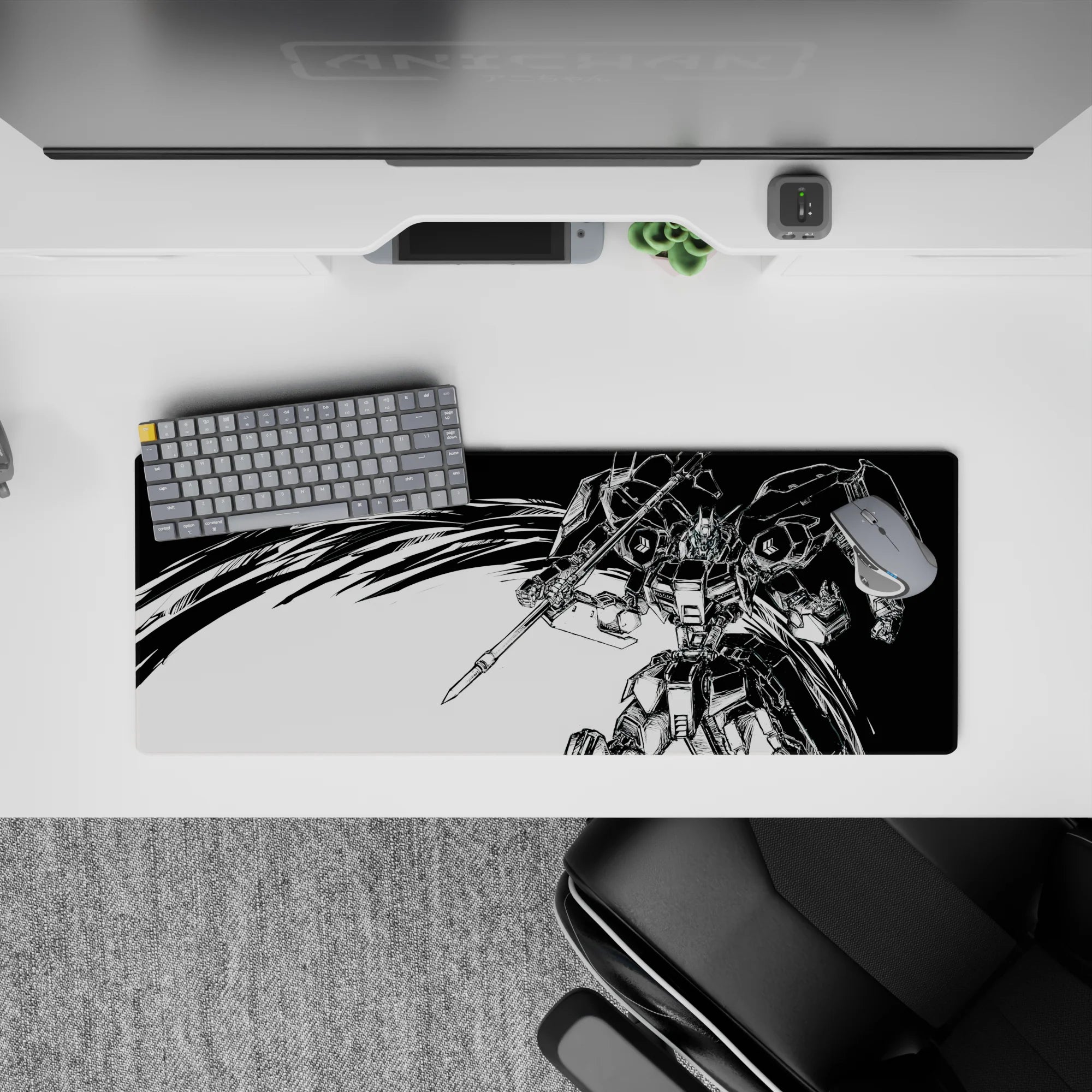 High-contrast black and white anime mouse pad 32x12 inches, dramatic inked mecha energy and clean chaos.
