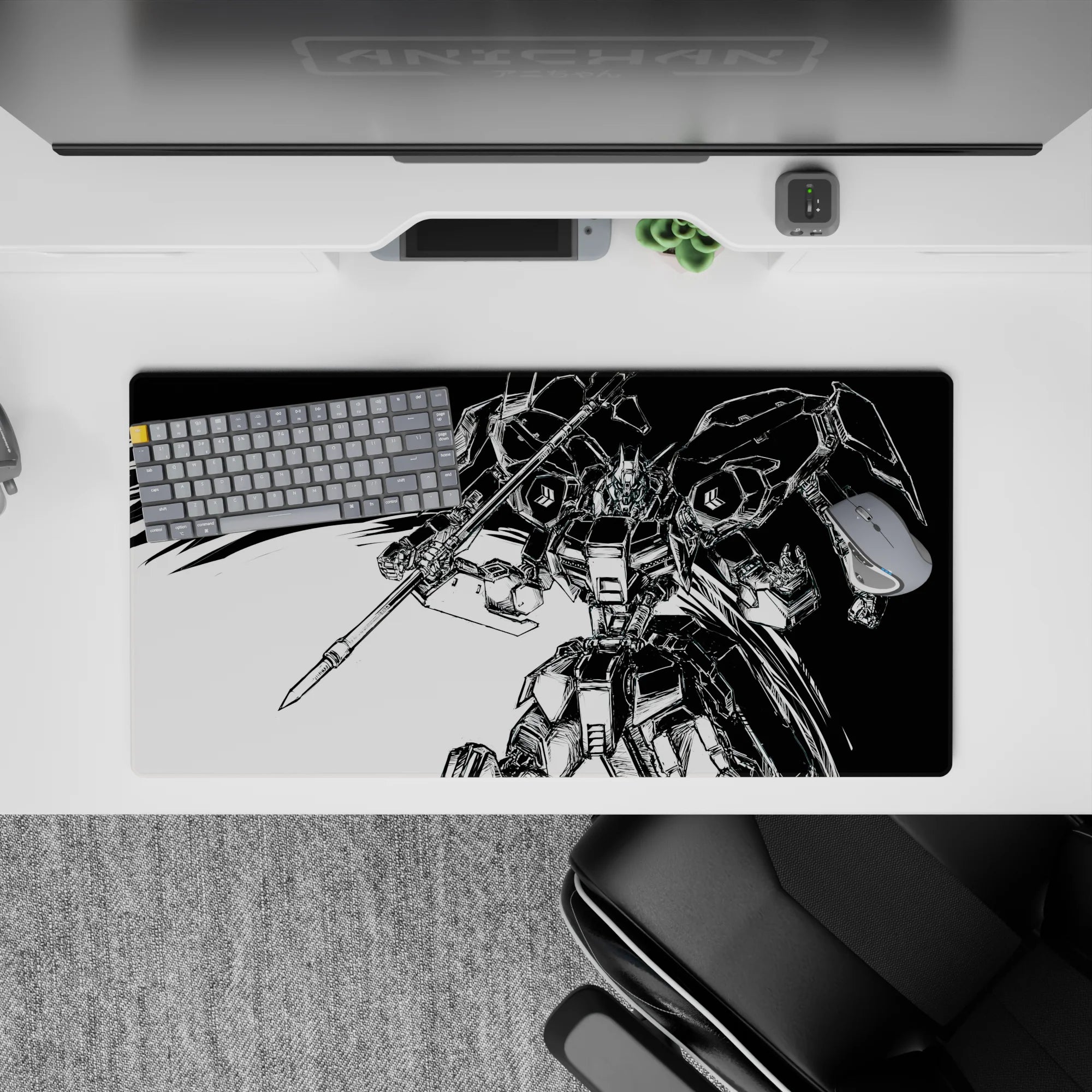 32x16 inches anime mouse pad in ink-black and bright white, high-contrast manga energy and speed lines.