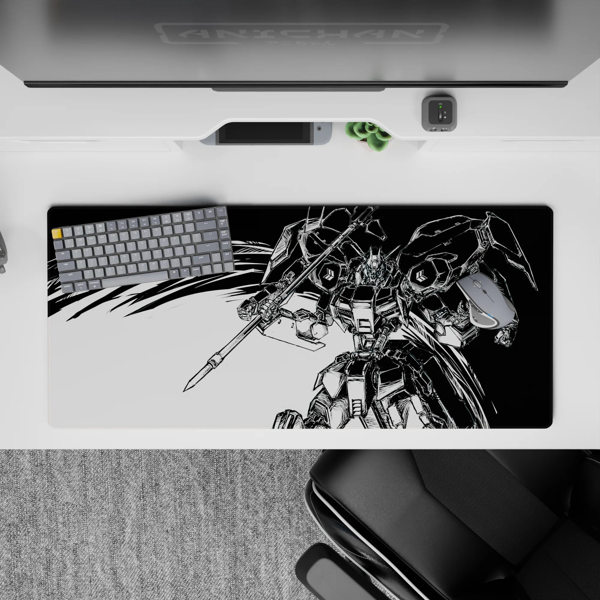 High-contrast black and white anime mouse pad 36x16 inches, bold ink shading for dramatic desk energy.