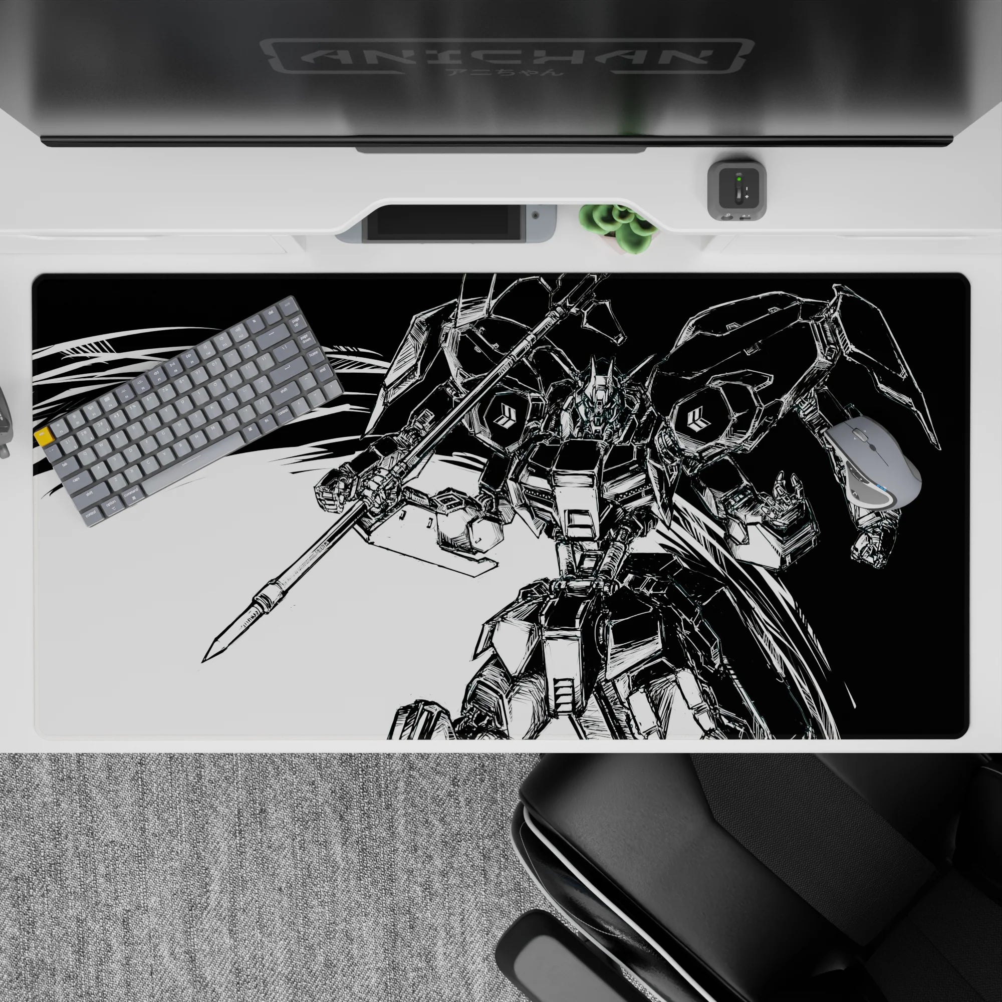 40x20 inches high-contrast black ink and bright white anime mouse pad, dramatic manga panel energy and clean chaos.