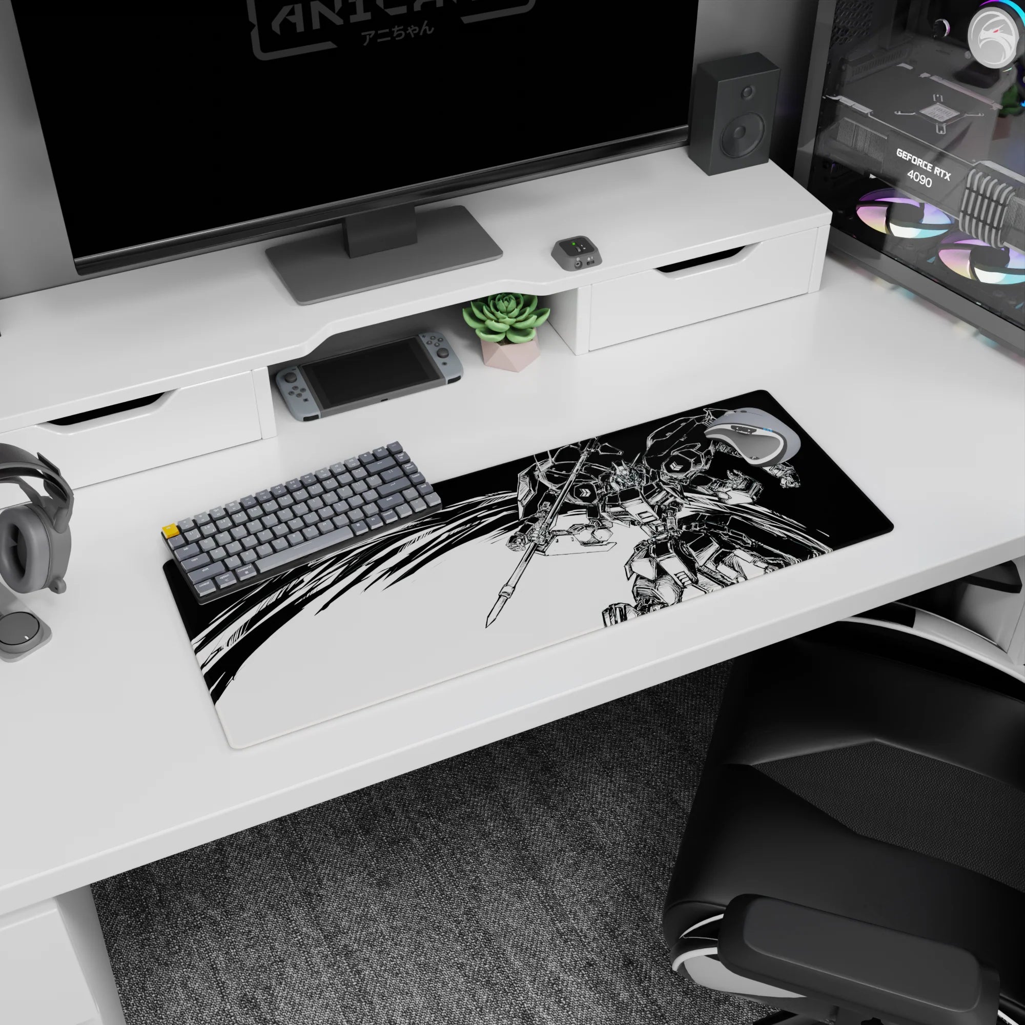 Mecha mid-strike scene on anime mouse pad 32x12 inches, armored suit lunging with a heavy lance.