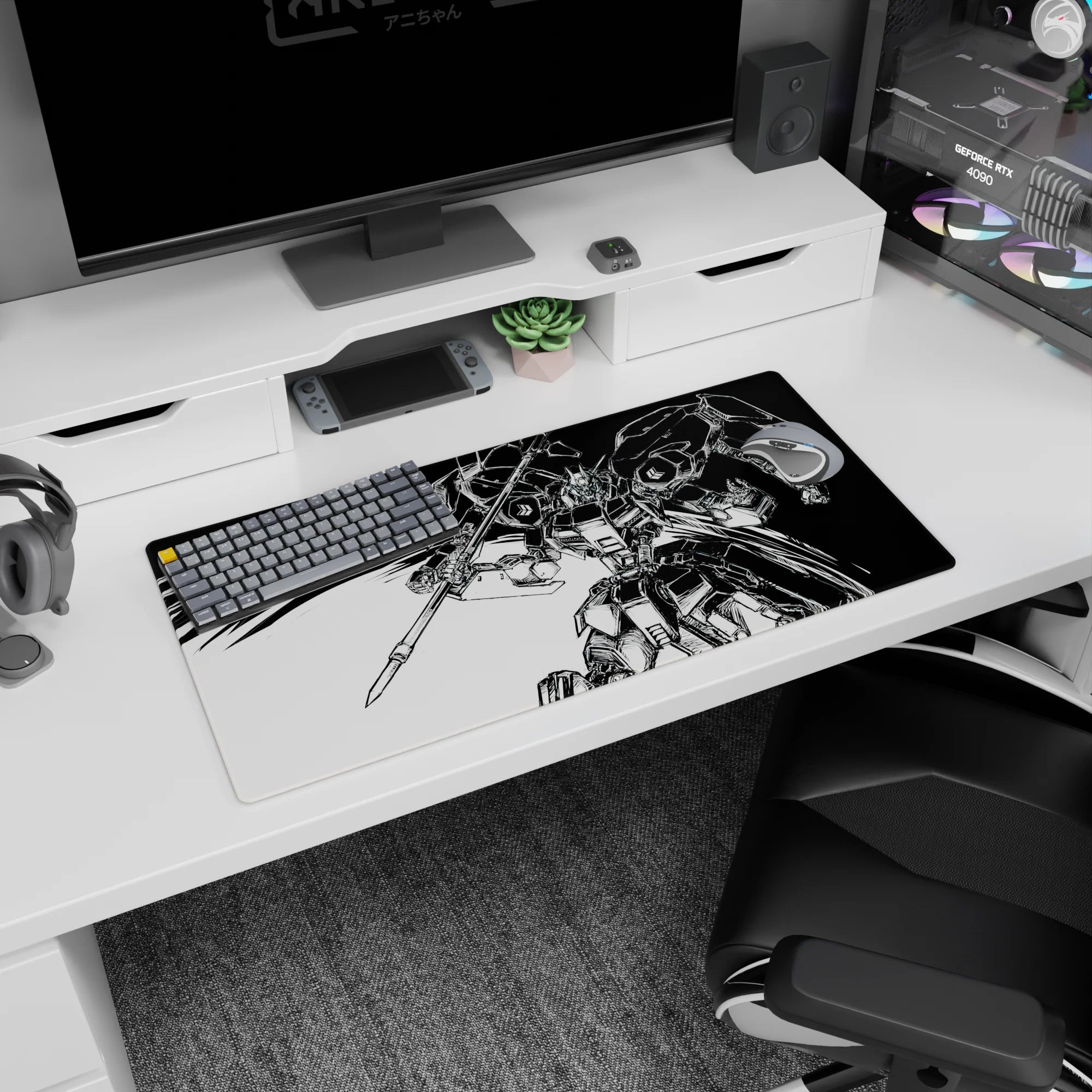32x16 inches anime mouse pad showing a Gundam-like mobile suit mid-strike, lance raised, cape of speed lines.