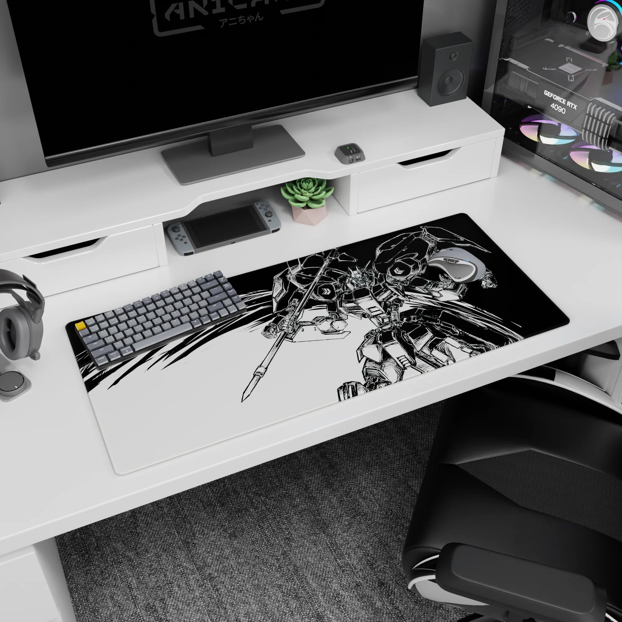 Fierce mecha mid-strike with heavy lance and flowing cape of speed lines on 36x16 inches anime desk pad.