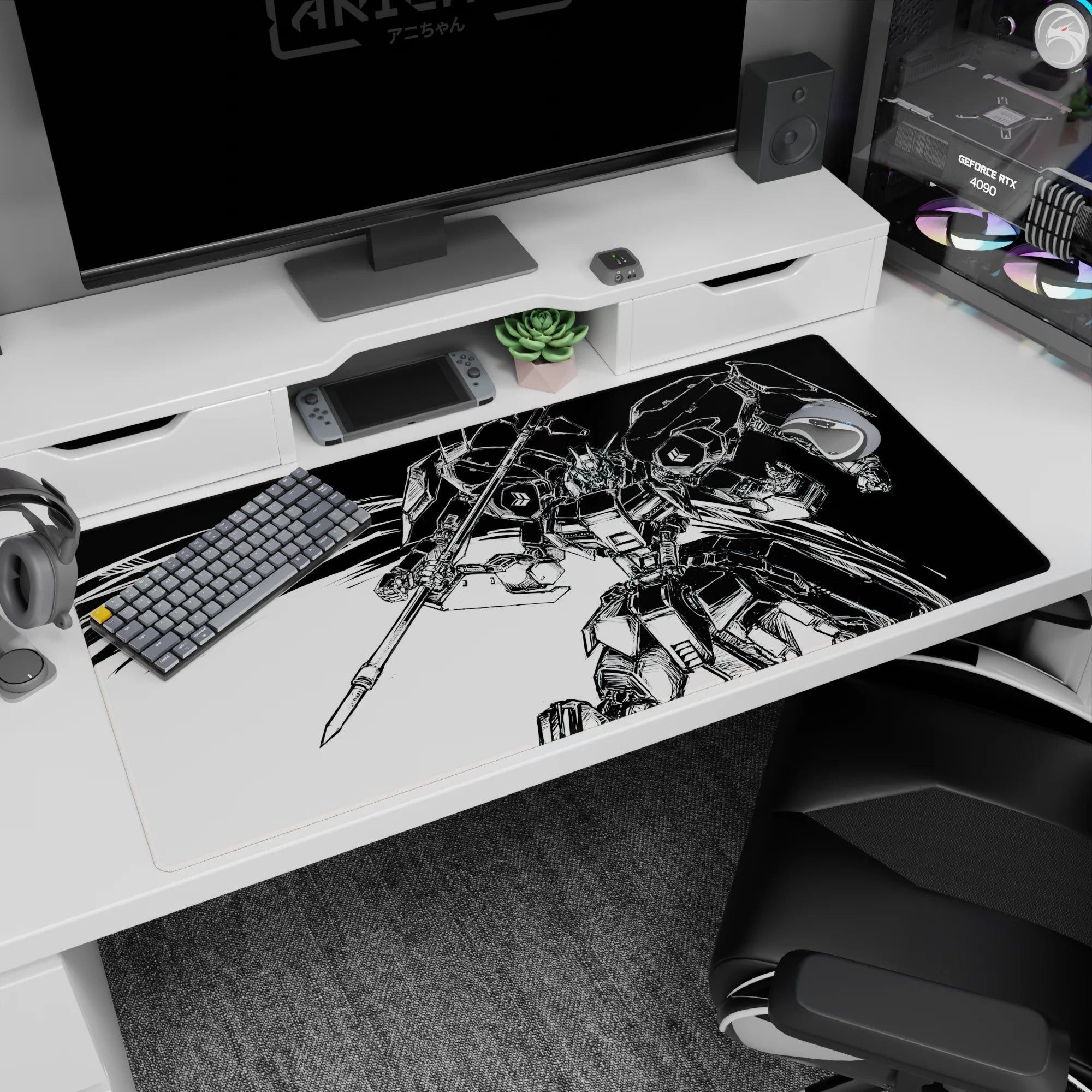 40x20 inches desk pad showing a Gundam-style mobile suit mid-strike, wielding a heavy lance with a flowing cape.