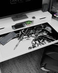 40x20 inches desk pad showing a Gundam-style mobile suit mid-strike, wielding a heavy lance with a flowing cape.