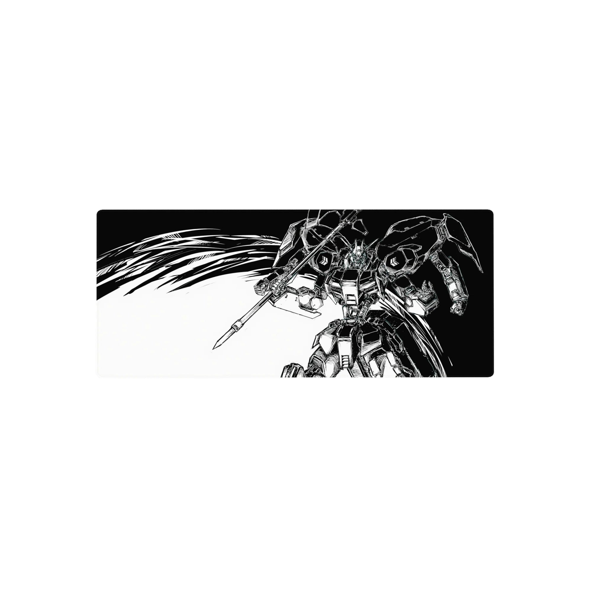 28x12 inches anime mouse pad with bold Gundam-style mecha, sharp armor plates and lance, manga action look.