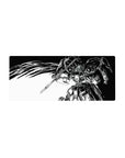28x12 inches anime mouse pad with bold Gundam-style mecha, sharp armor plates and lance, manga action look.
