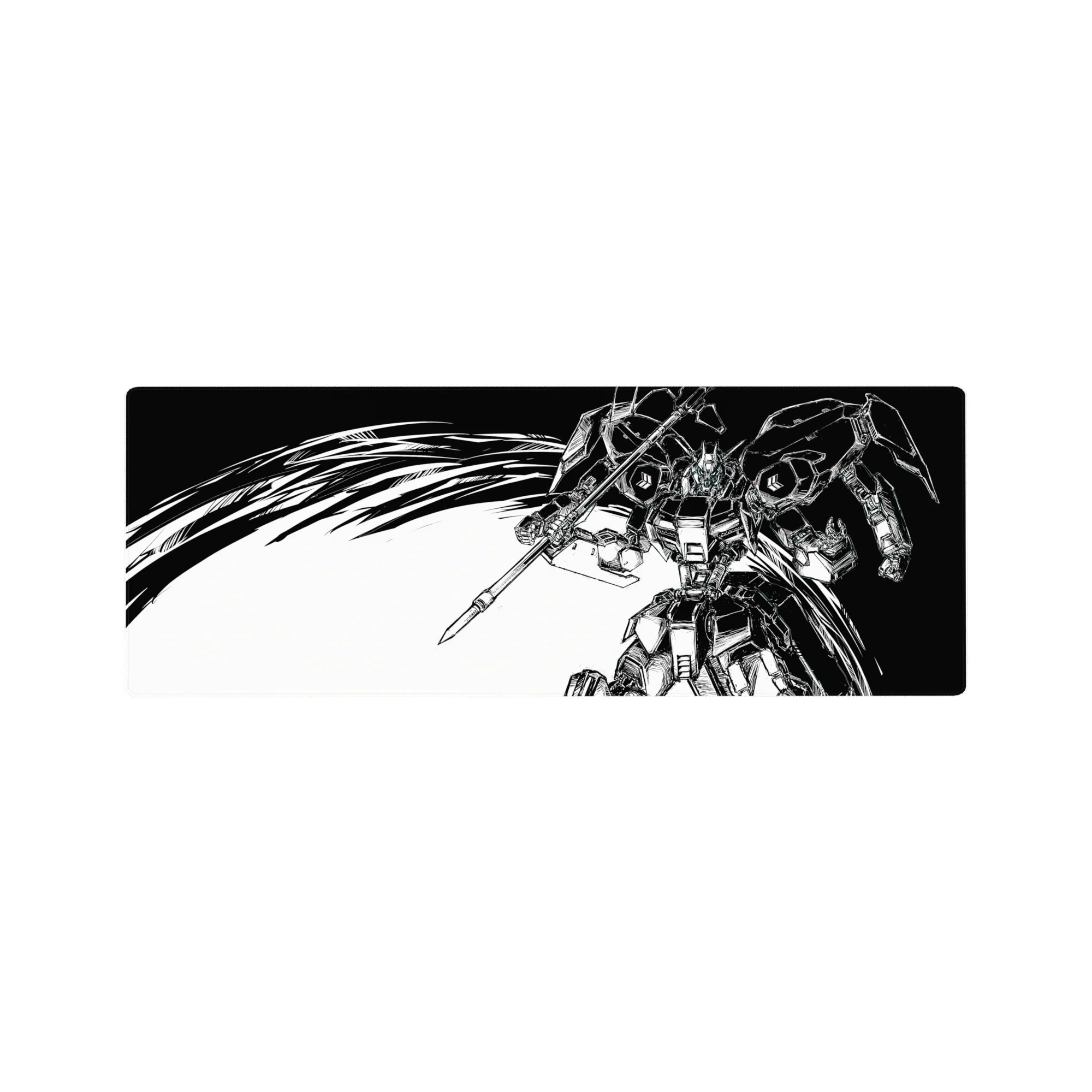 Anime mouse pad 32x12 inches with bold Gundam-style mecha, sharp armor, lance, and manga speed-line cape.