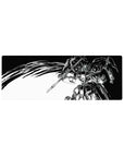 Anime mouse pad 32x12 inches with bold Gundam-style mecha, sharp armor, lance, and manga speed-line cape.