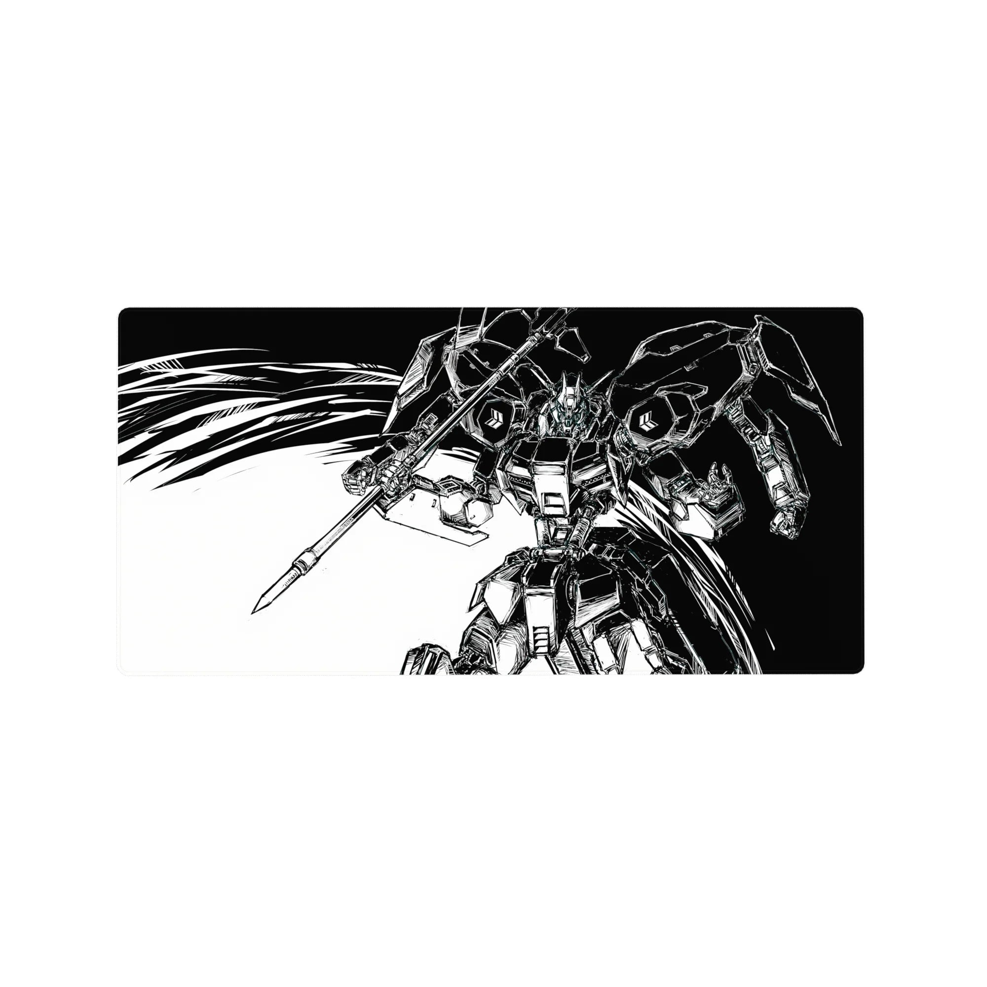 32x16 inches anime mouse pad with Gundam-style mecha, sharp armor plates, heavy lance, manga ink look.