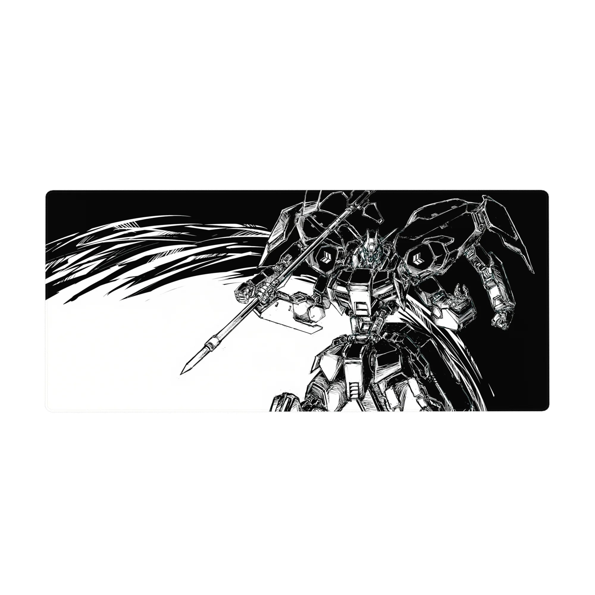 Gundam-inspired mecha anime desk pad 36x16 inches with sharp armor, lance, and manga-style speed lines.