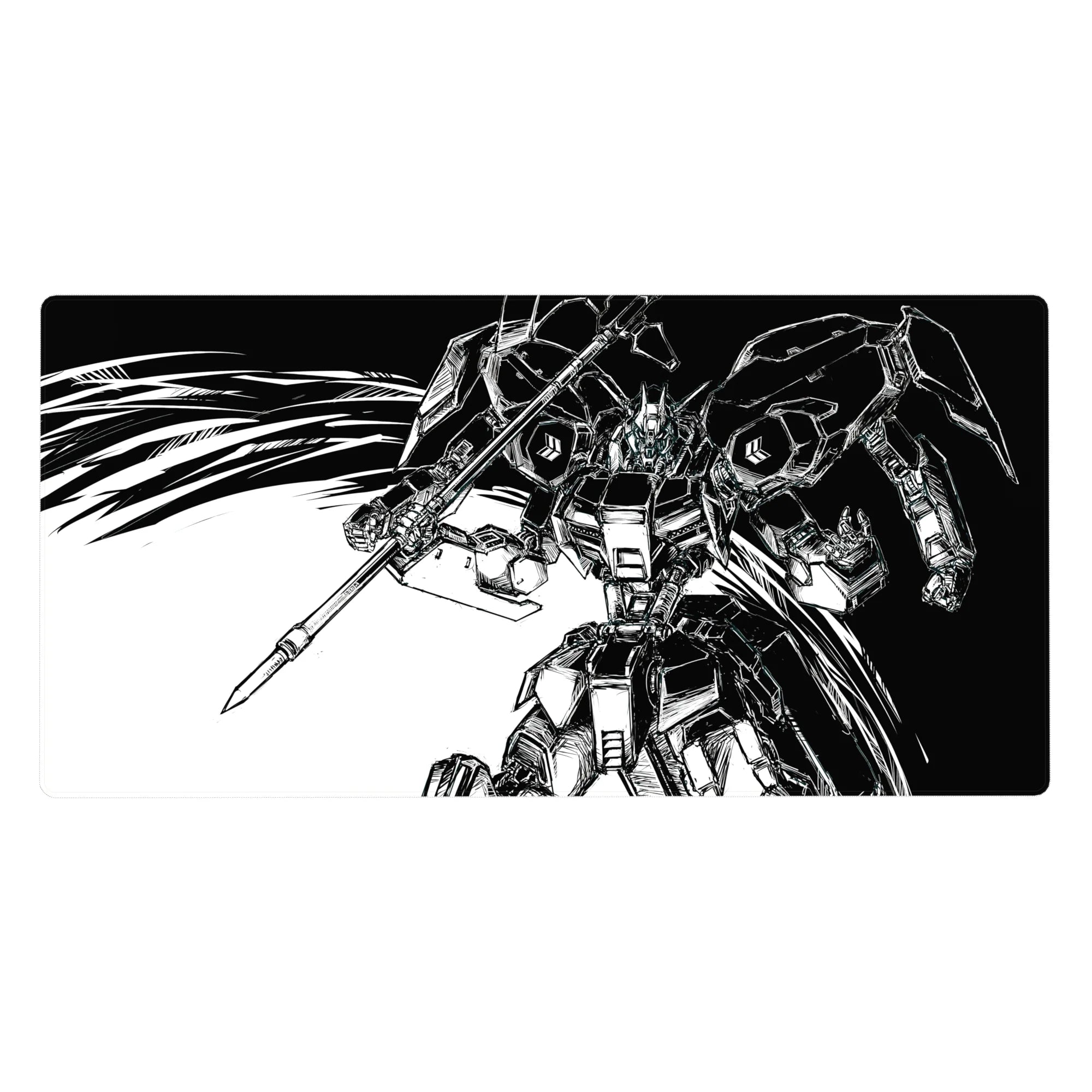 40x20 inches anime desk pad with bold black-and-white mecha, sharp armor plates, lance, and manga speed lines.