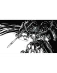 40x20 inches anime desk pad with bold black-and-white mecha, sharp armor plates, lance, and manga speed lines.