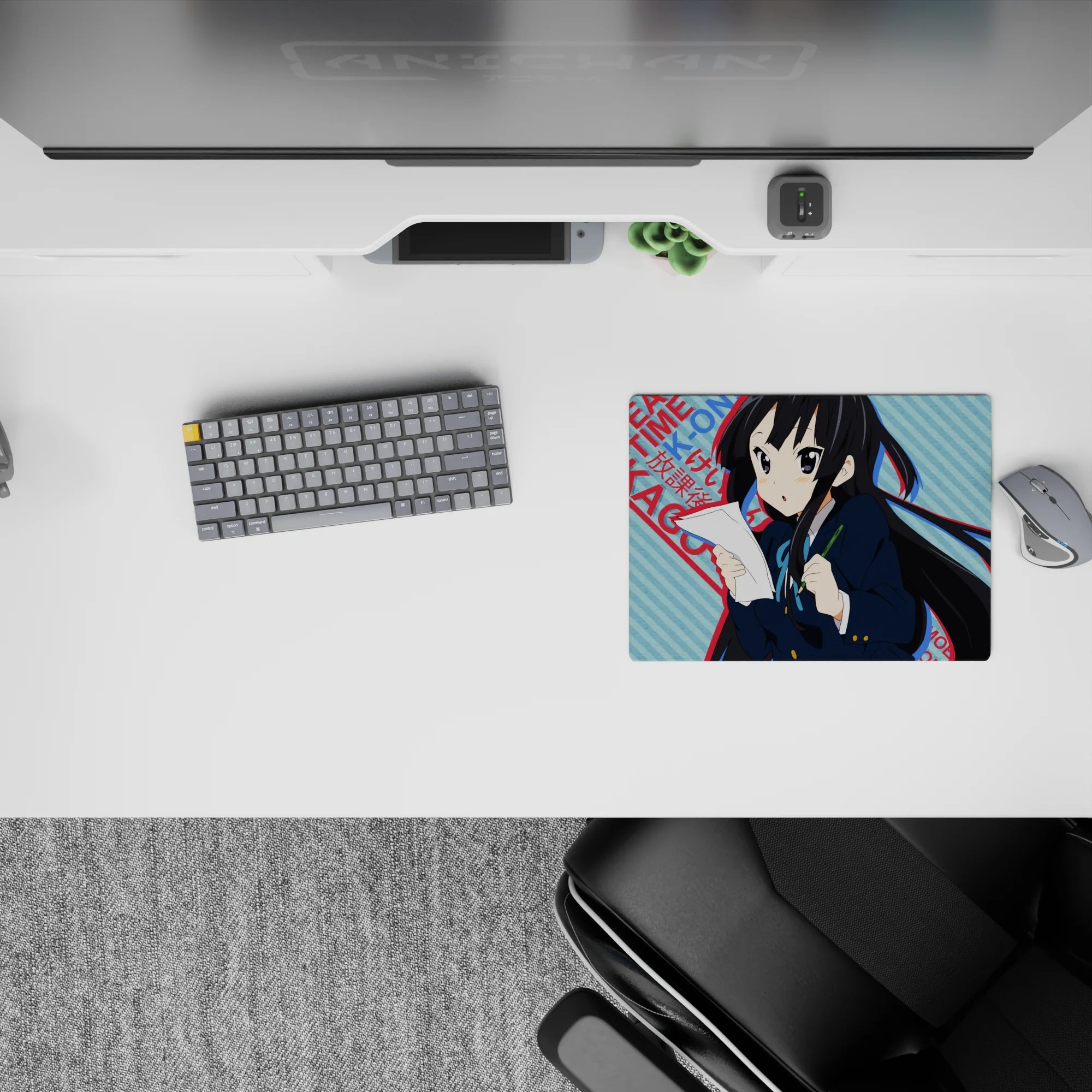 Blue stripe anime mouse pad 14x10 inches with punchy red lettering, cute-study vibe, smooth tracking feel.