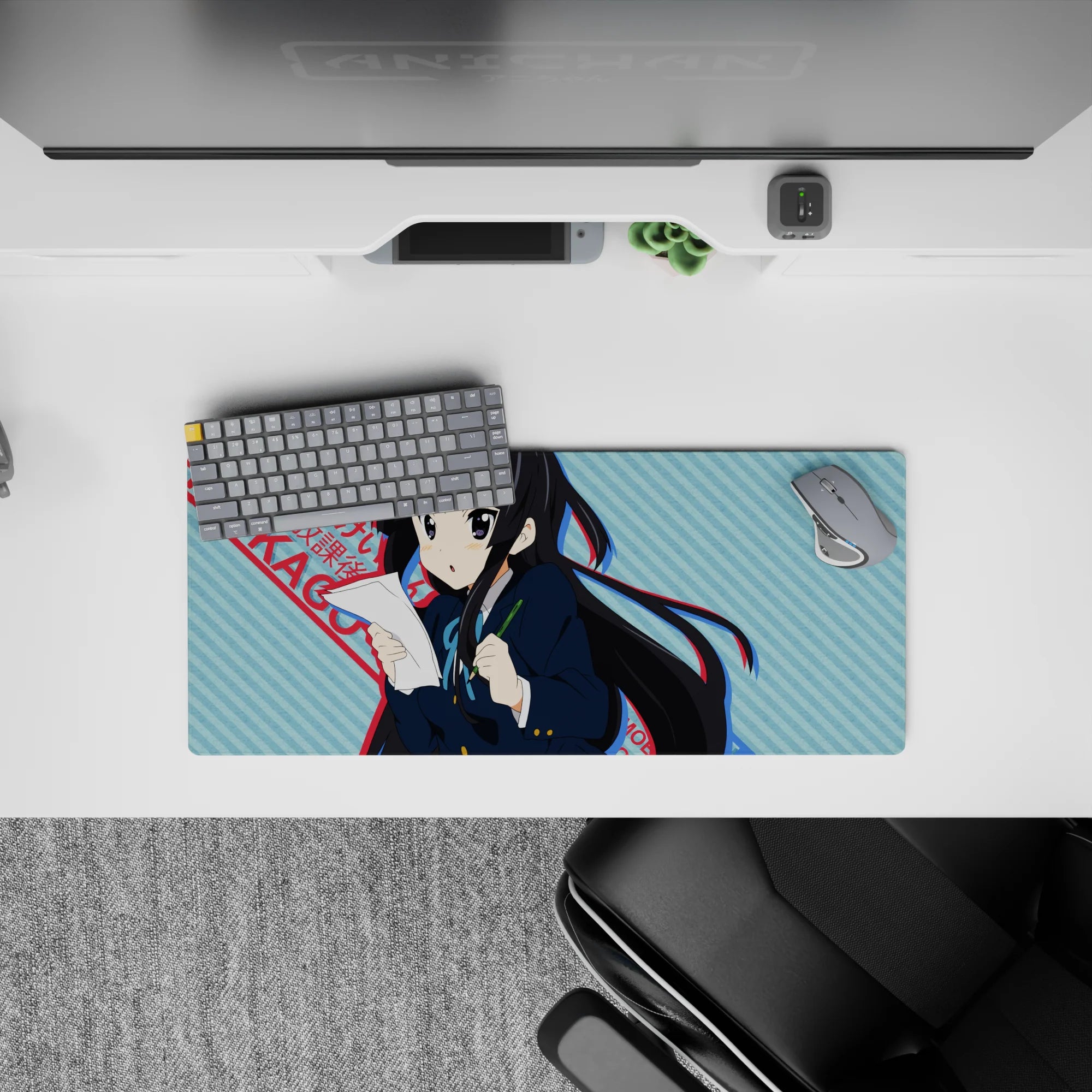 28x12 inches kawaii desk mouse pad in cool blues with punchy red text, cute-serious study vibe.