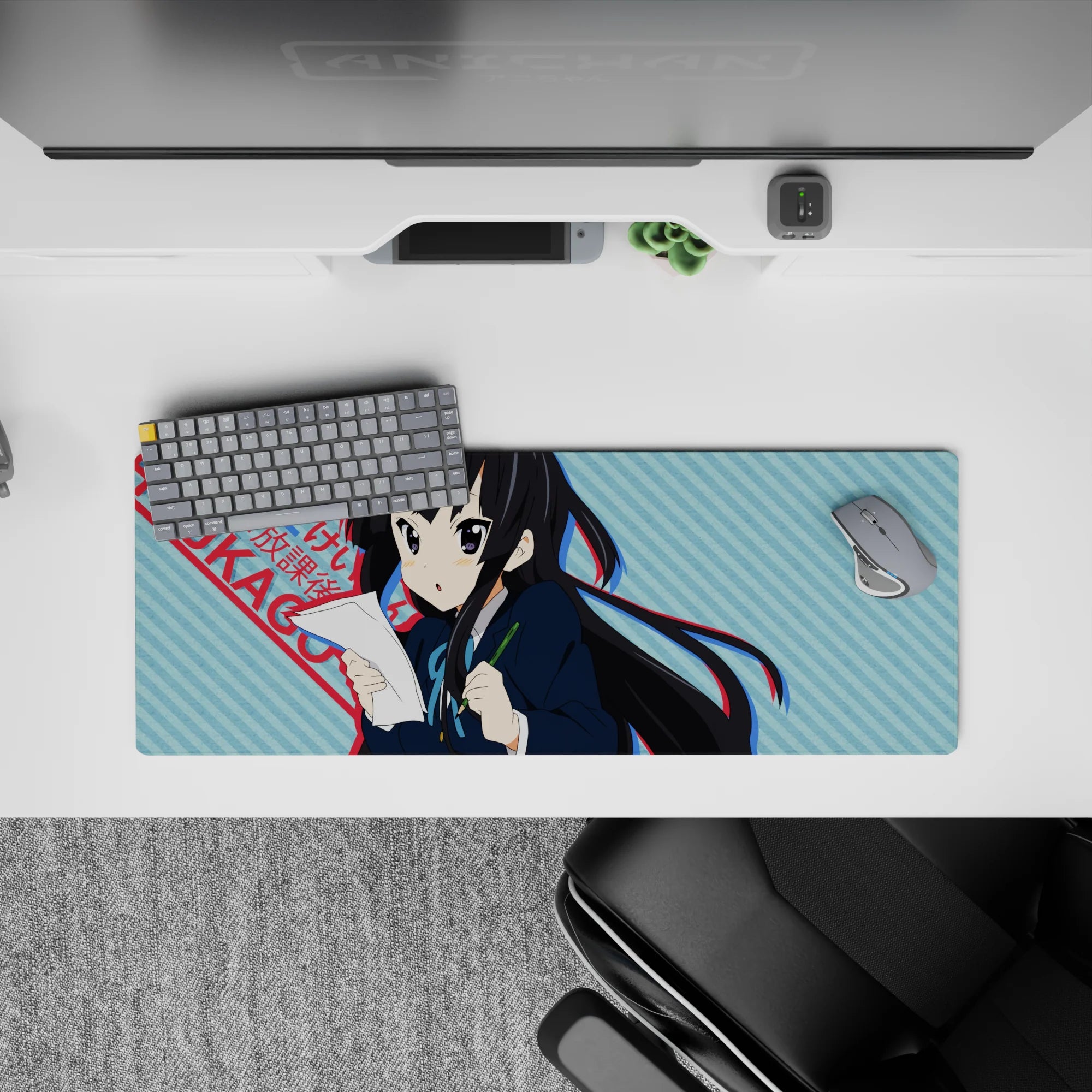 32x12 inches kawaii desk mouse pad in cool blues with punchy red text, cute-serious study vibe.