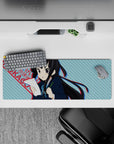 32x12 inches kawaii desk mouse pad in cool blues with punchy red text, cute-serious study vibe.