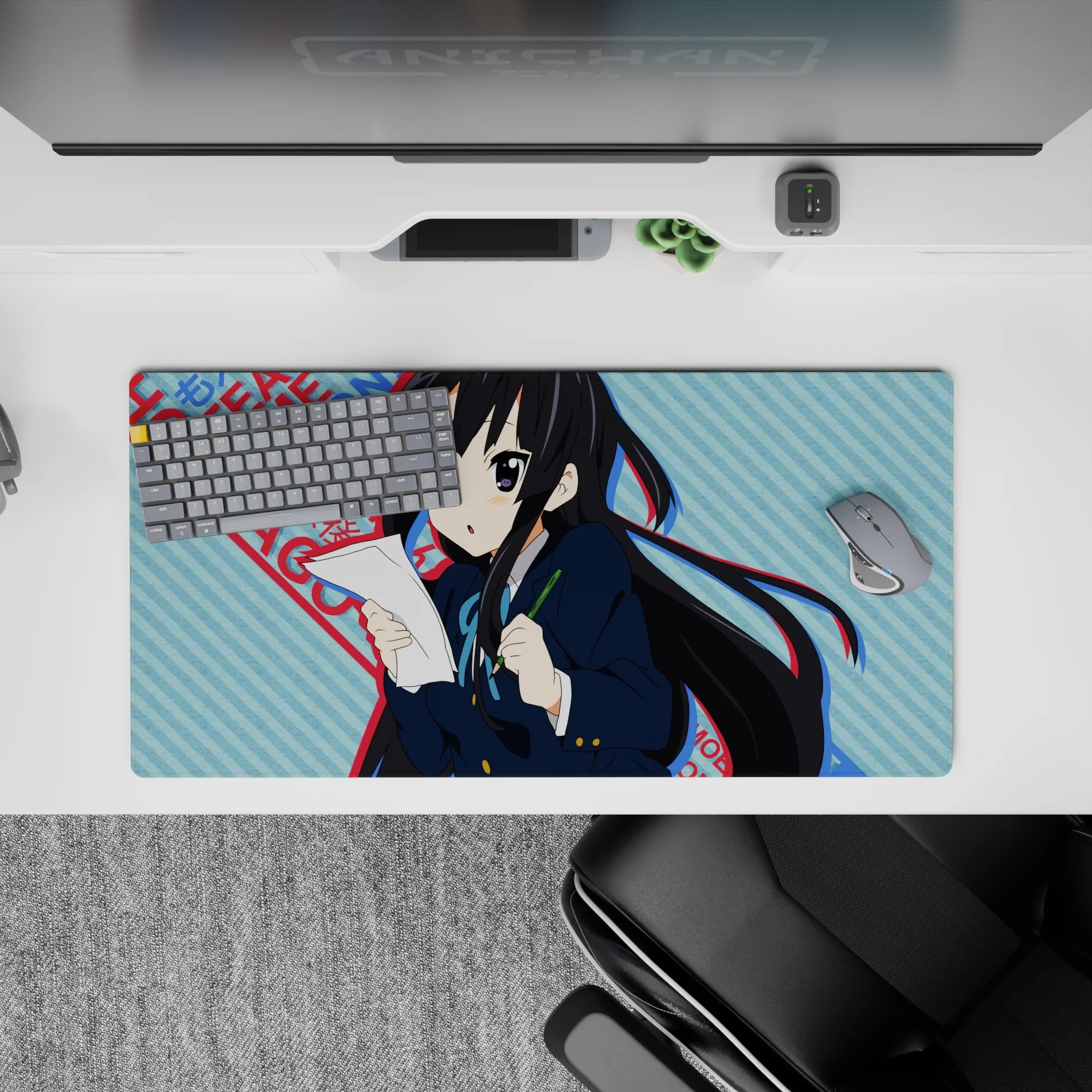 32x16 inches kawaii desk mat in cool blue stripes with punchy red text, cute-serious cram session vibe.