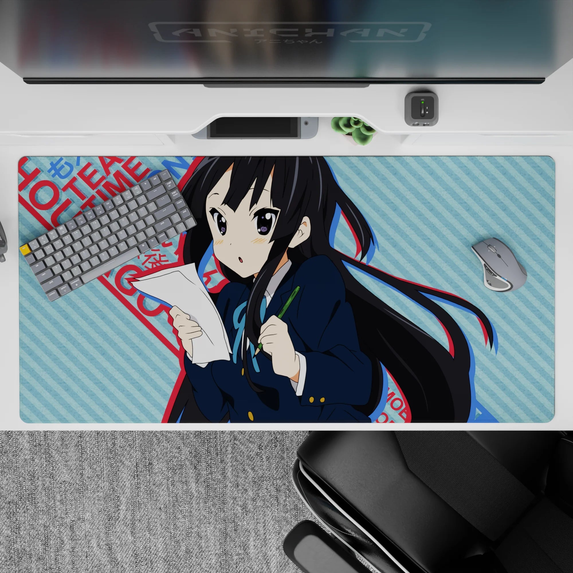 40x20 inches kawaii anime desk pad in cool blue tones with punchy red text, calm study vibe.