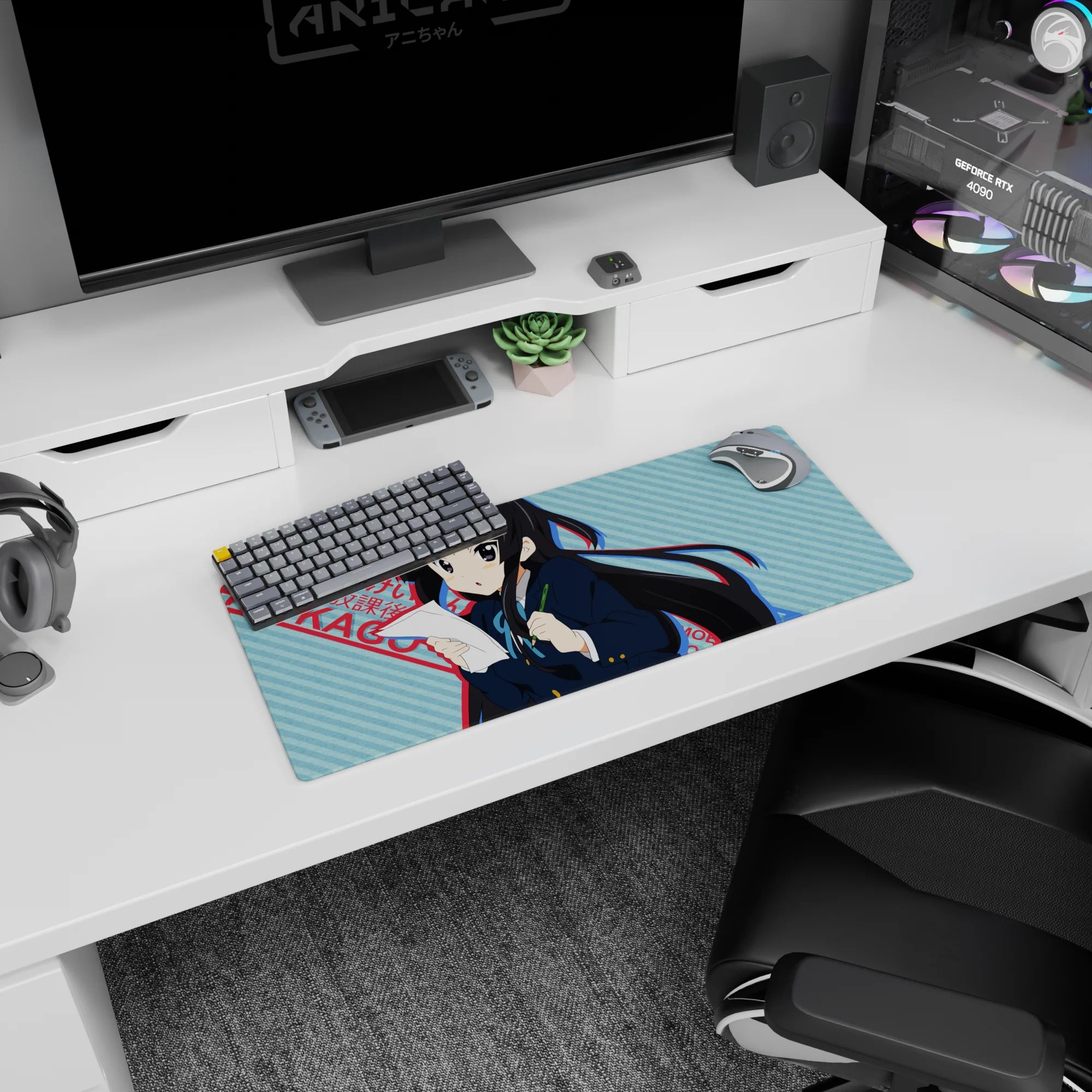 28x12 inches K-ON! Azusa Nakano mouse pad, blushing while cramming with paper and pencil in hand.