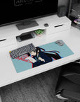 28x12 inches K-ON! Azusa Nakano mouse pad, blushing while cramming with paper and pencil in hand.