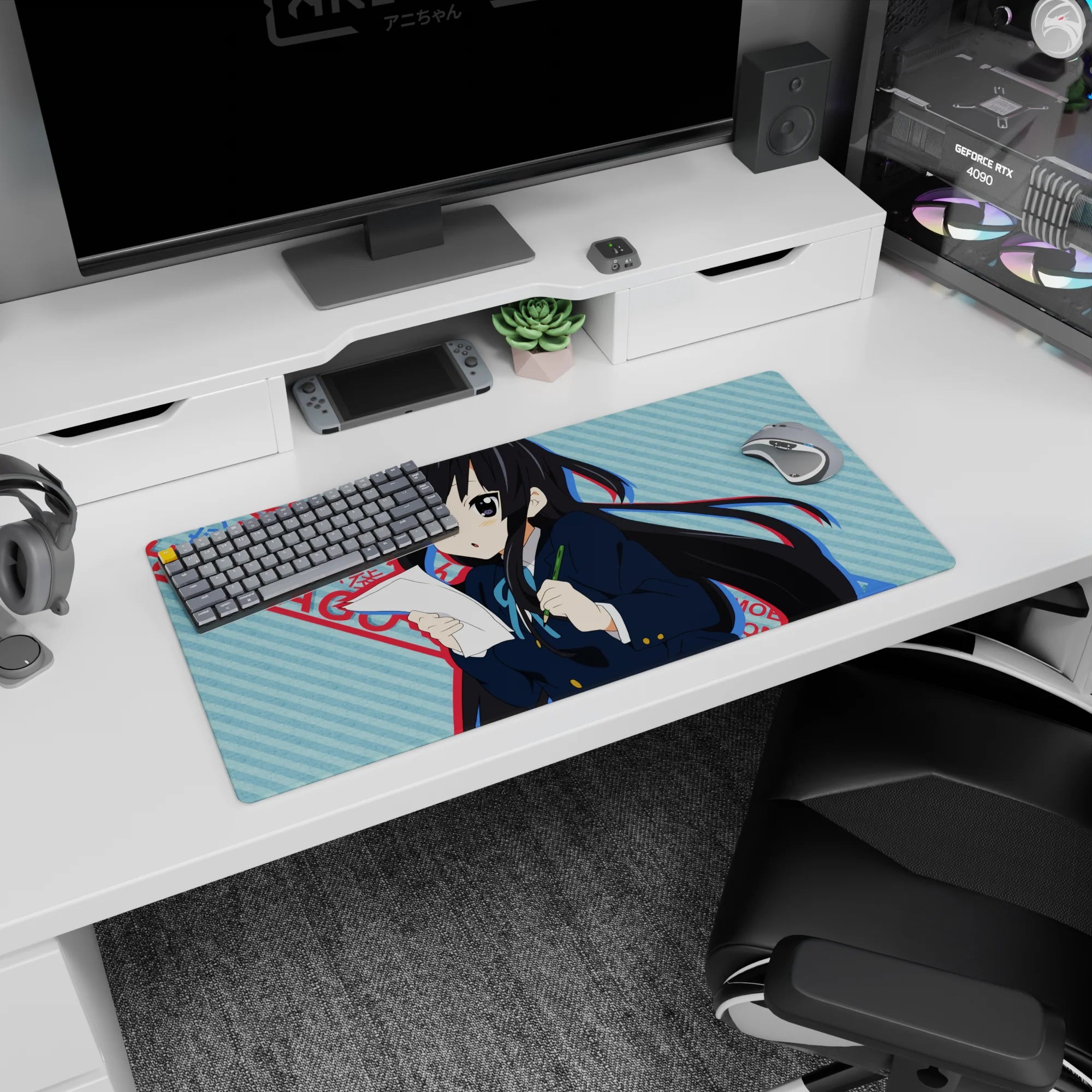 32x16 inches K-ON! Azusa Nakano mouse pad holding paper and pencil, blushing mid-cram on your desk.