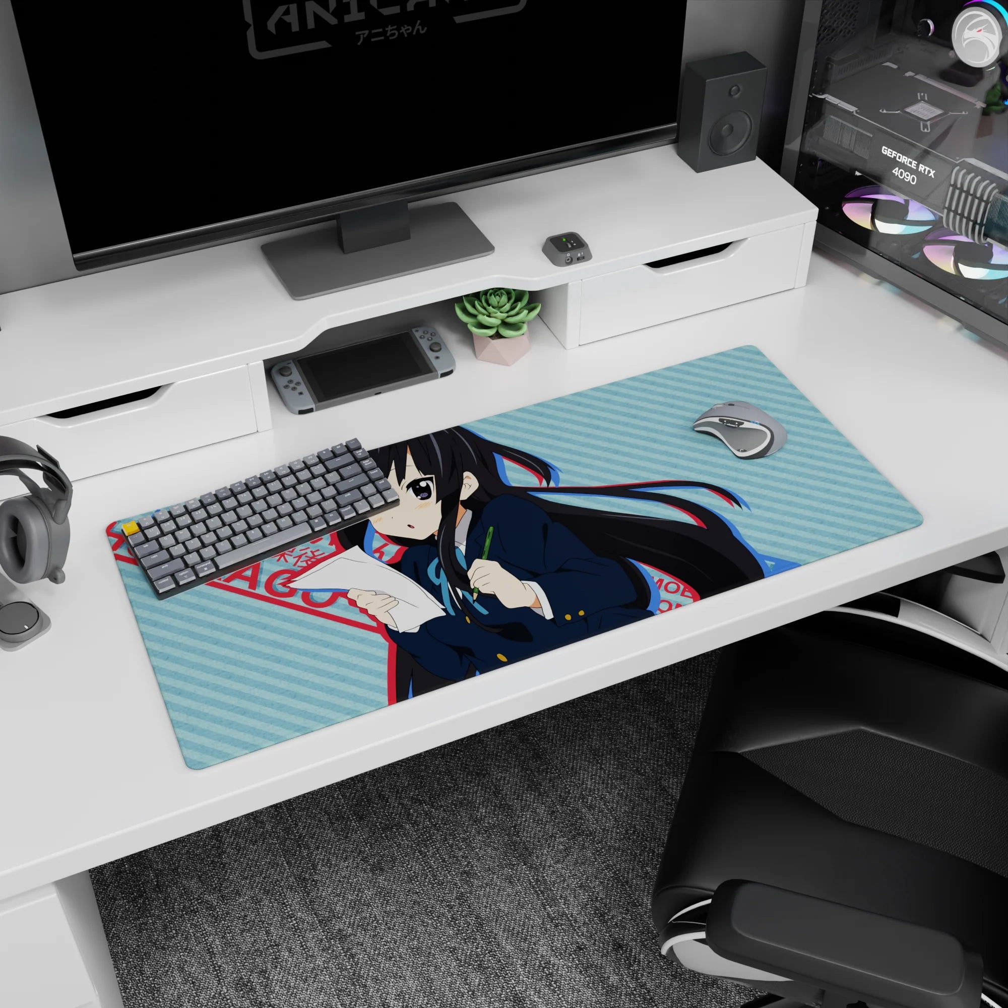 36x16 inches K-ON! Azusa Nakano desk pad, holding paper and pencil mid-cram with a shy blush.