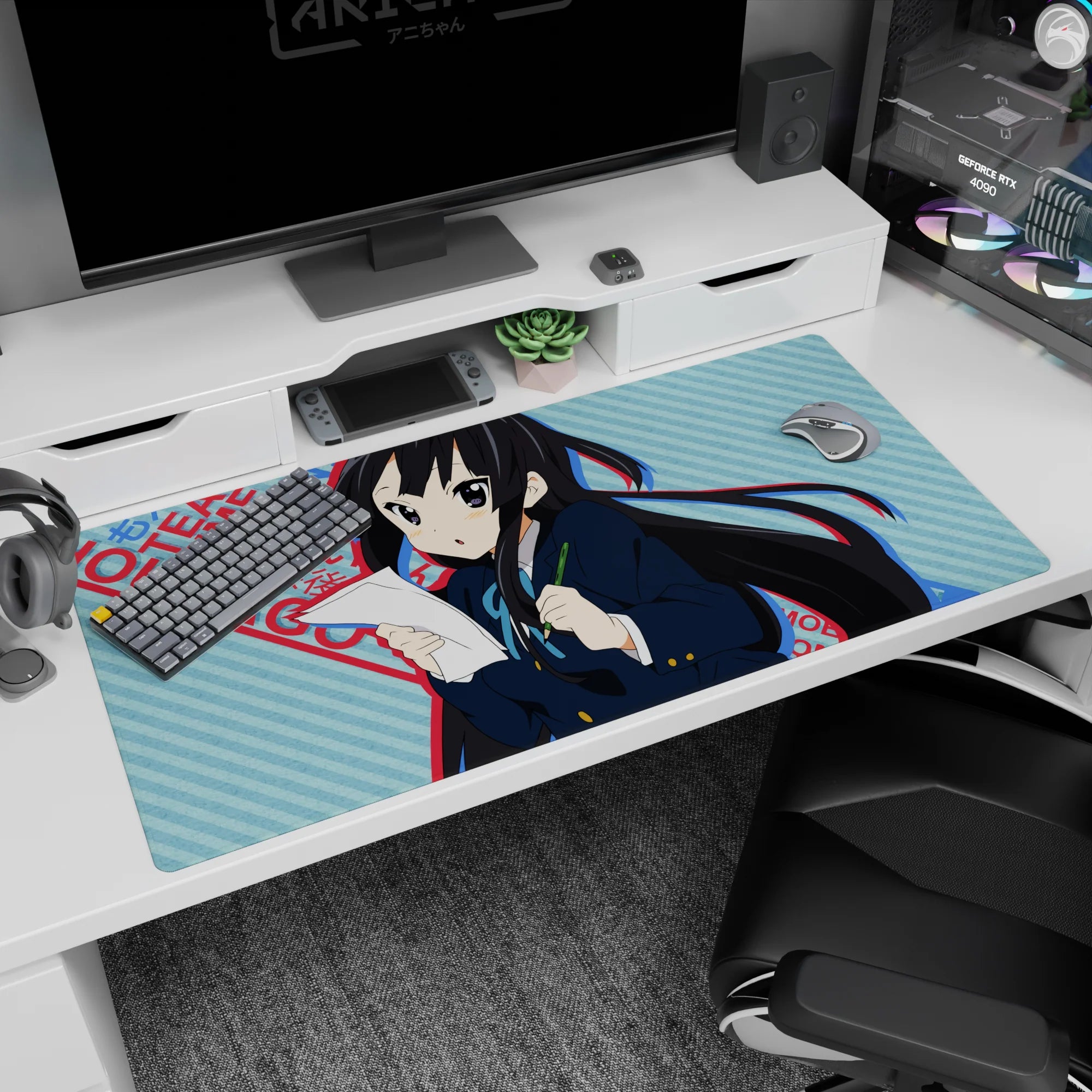 40x20 inches K-ON! Azusa Nakano desk pad, blushing with paper and pencil in a cram-session pose.