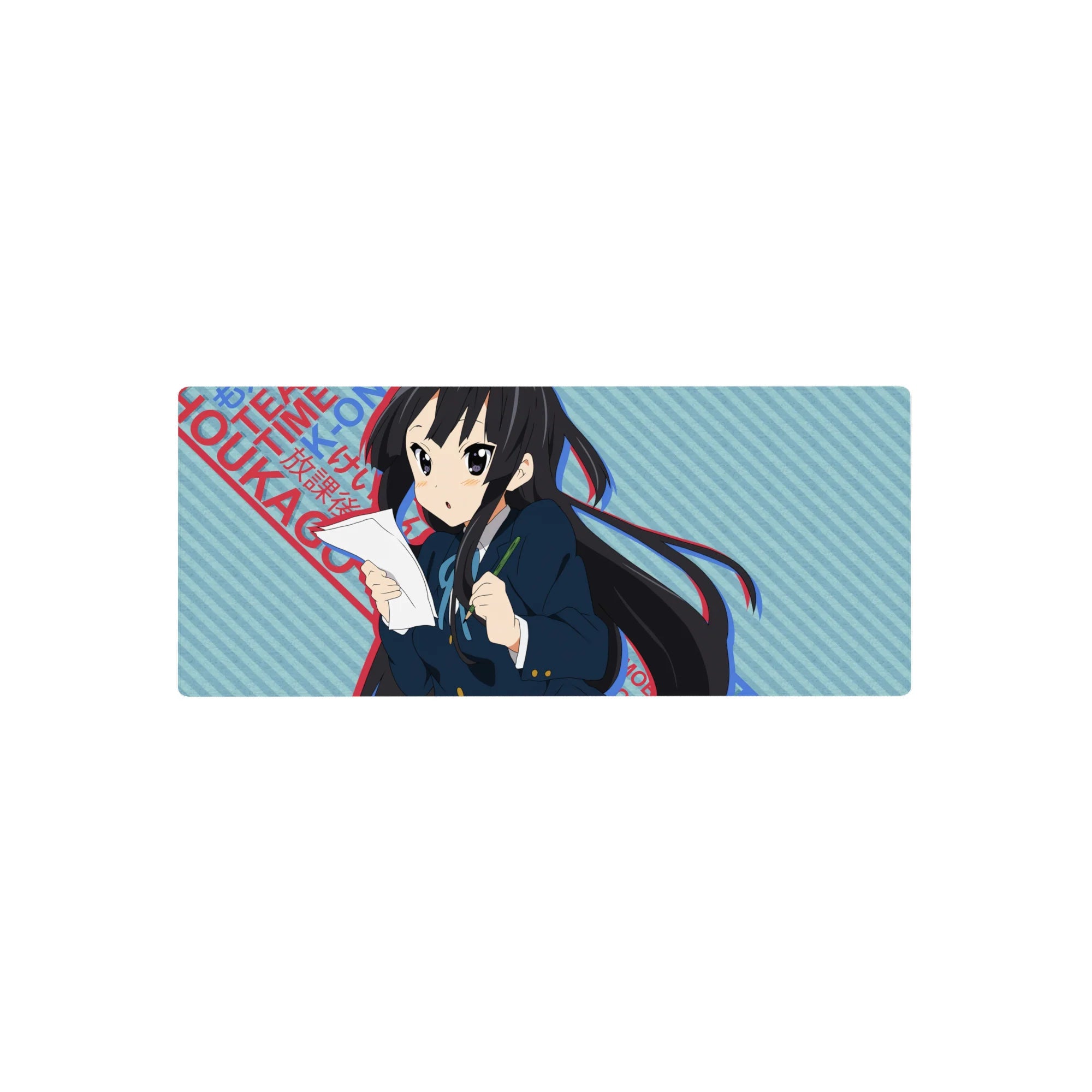 28x12 inches anime girl mouse pad with blue stripes, red lettering, and layered poster-style graphics.