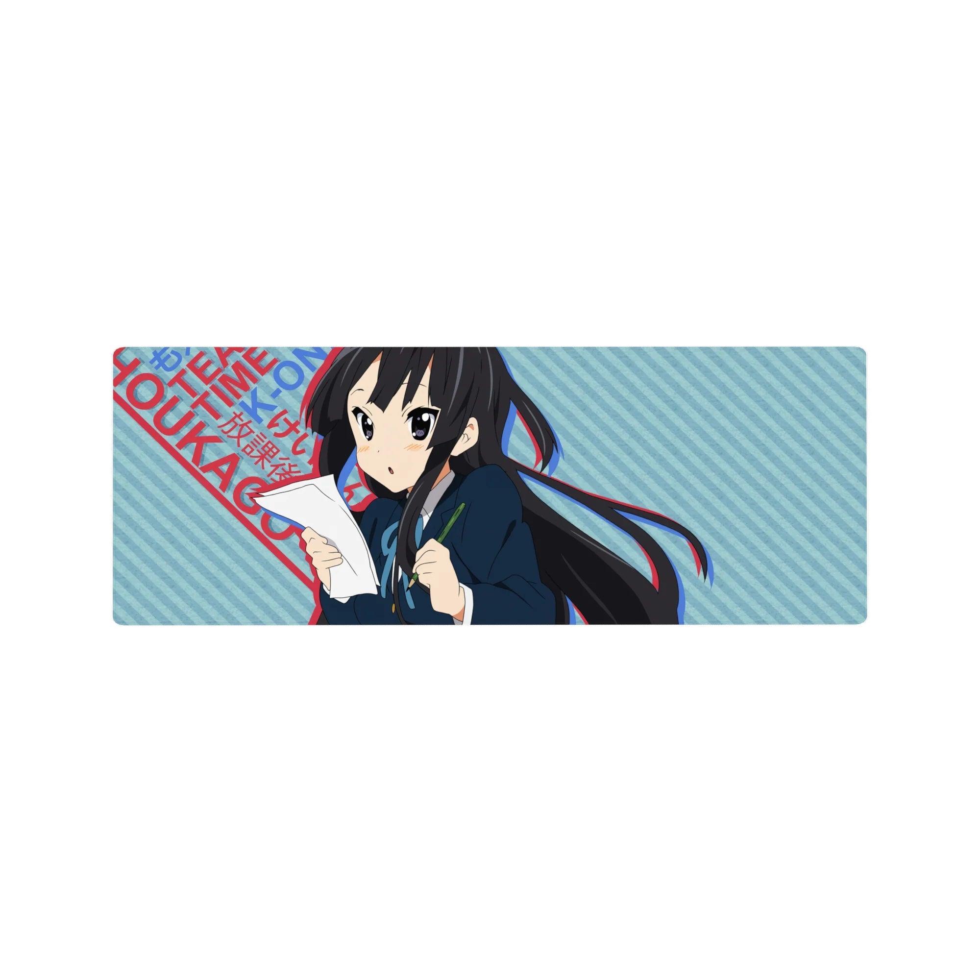 32x12 inches anime girl mouse pad with blue stripes, red lettering, and layered poster-style graphics.