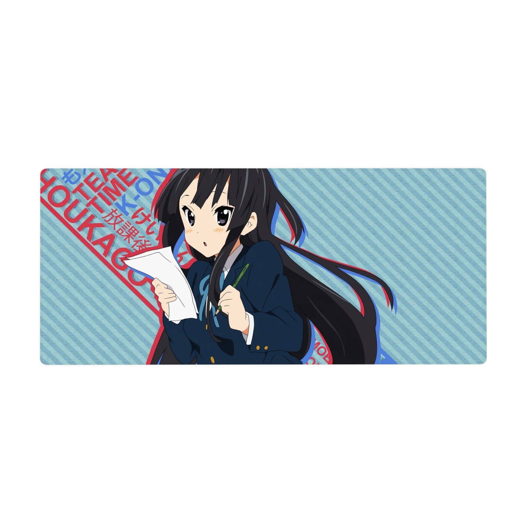 36x16 inches anime girl desk pad with Azusa cram-study art, blue stripes, red lettering, poster-like layers.