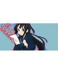 36x16 inches anime girl desk pad with Azusa cram-study art, blue stripes, red lettering, poster-like layers.