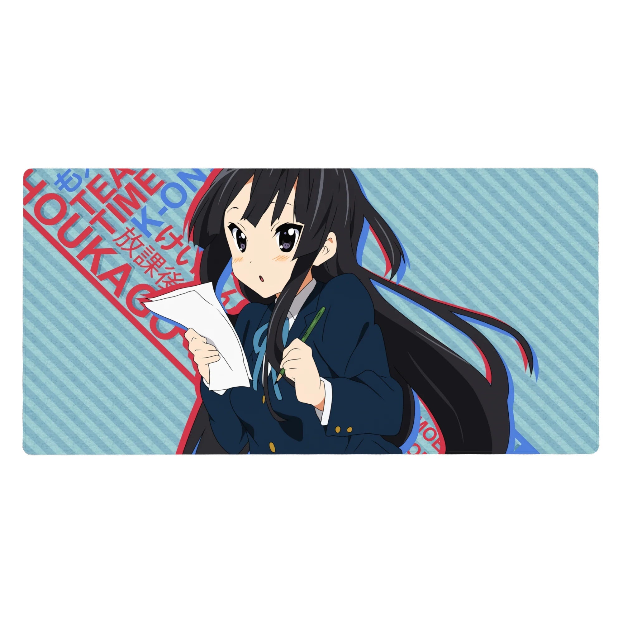 40x20 inches anime girl desk pad with blue stripes, red lettering, and layered poster-style graphics.