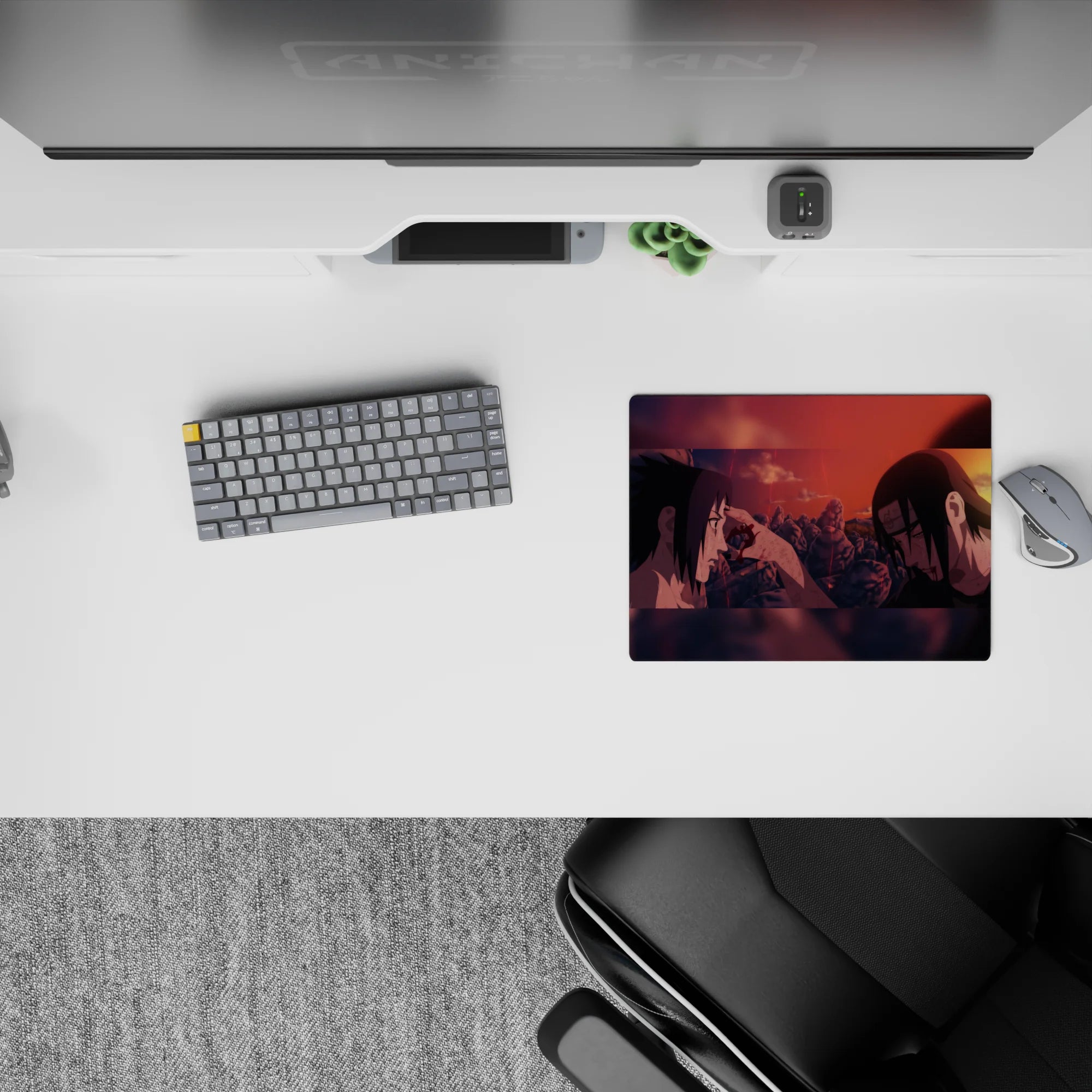 Burnt orange and red sunset anime mouse pad with jagged rocks and falling sparks, 14x10 inches.