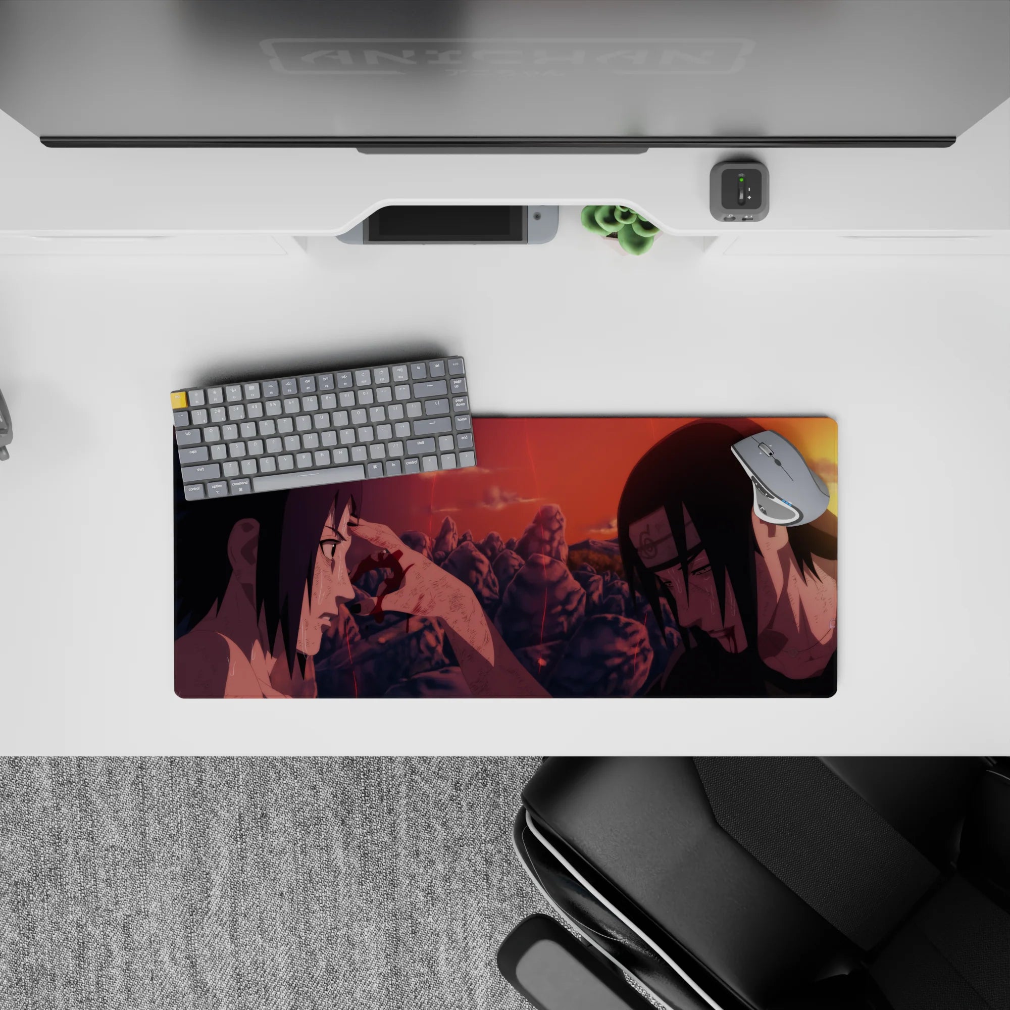 Sunset red and burnt orange anime mouse pad 28x12 inches, dramatic jagged rocks and sparks.