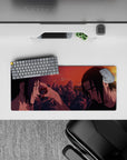 Sunset red and burnt orange anime mouse pad 28x12 inches, dramatic jagged rocks and sparks.