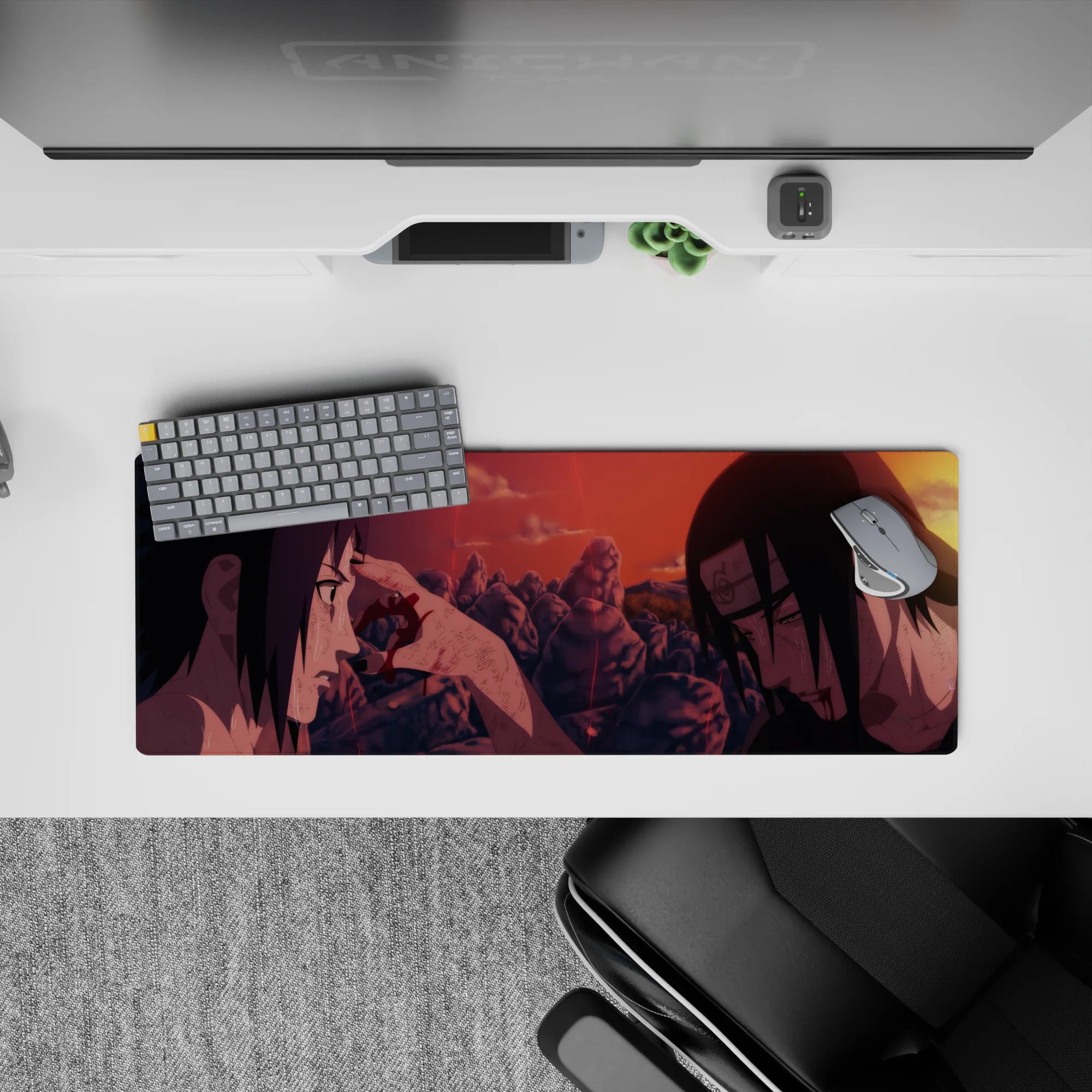Burnt orange and red sunset over jagged rocks, emotional anime mouse pad 32x12 inches.