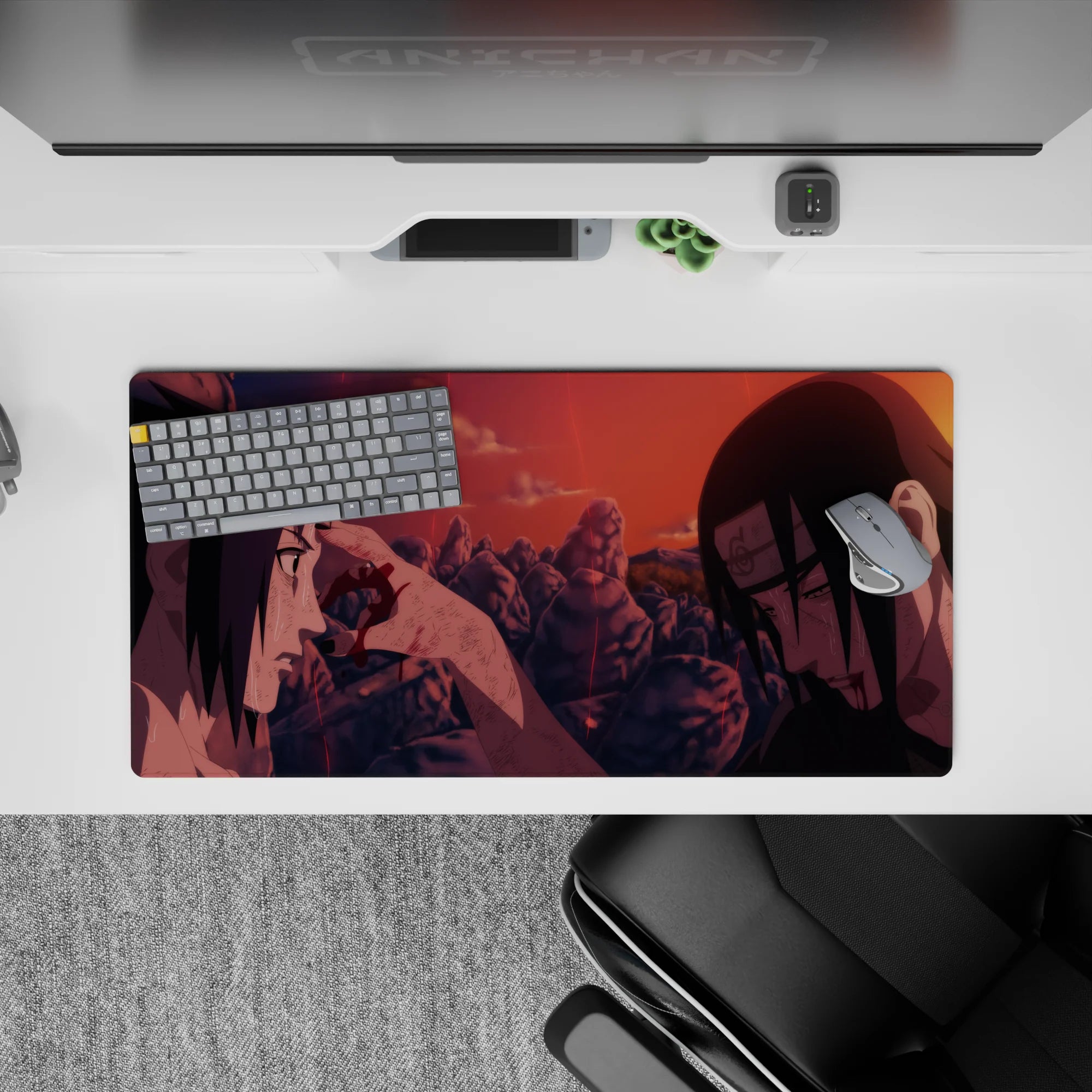 Emotional anime mouse pad in sunset reds and burnt orange tones with spark-like streaks, 32x16 inches.