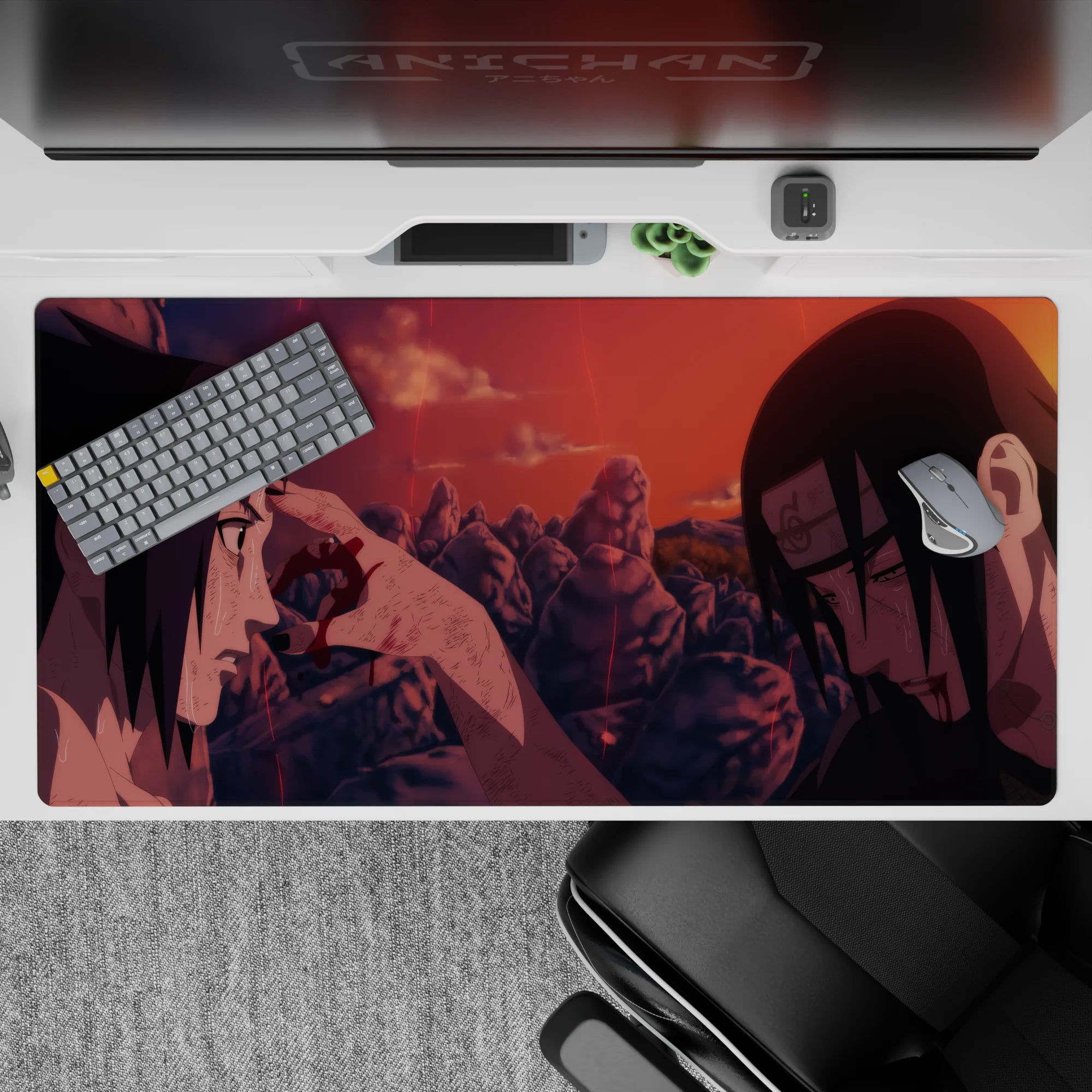 Burnt orange and red sunset anime desk pad, 40x20 inches, moody jagged rocks and sparks.