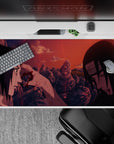 Burnt orange and red sunset anime desk pad, 40x20 inches, moody jagged rocks and sparks.