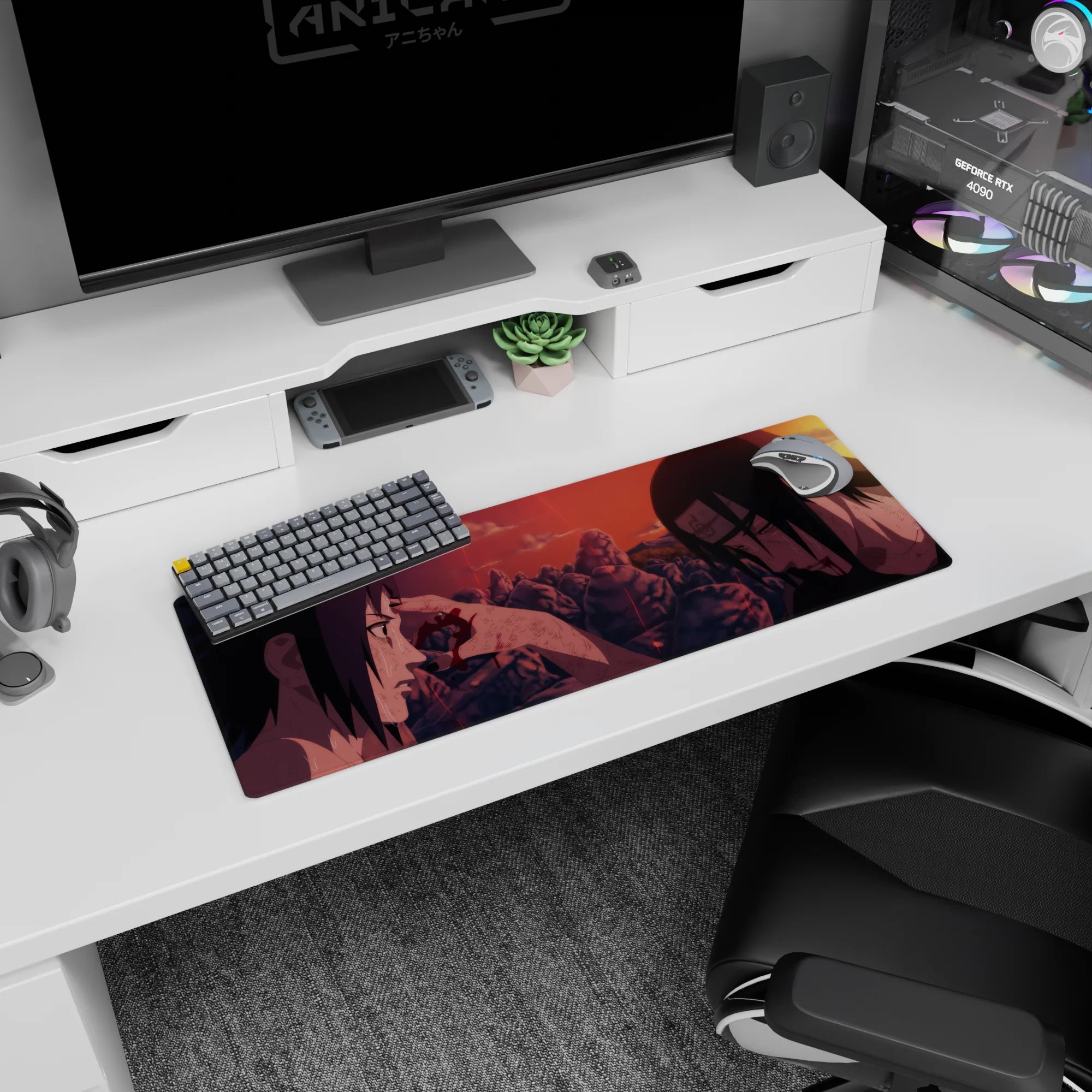 Sasuke and Itachi Uchiha sharing a quiet last moment at dusk, anime mouse pad 32x12 inches.