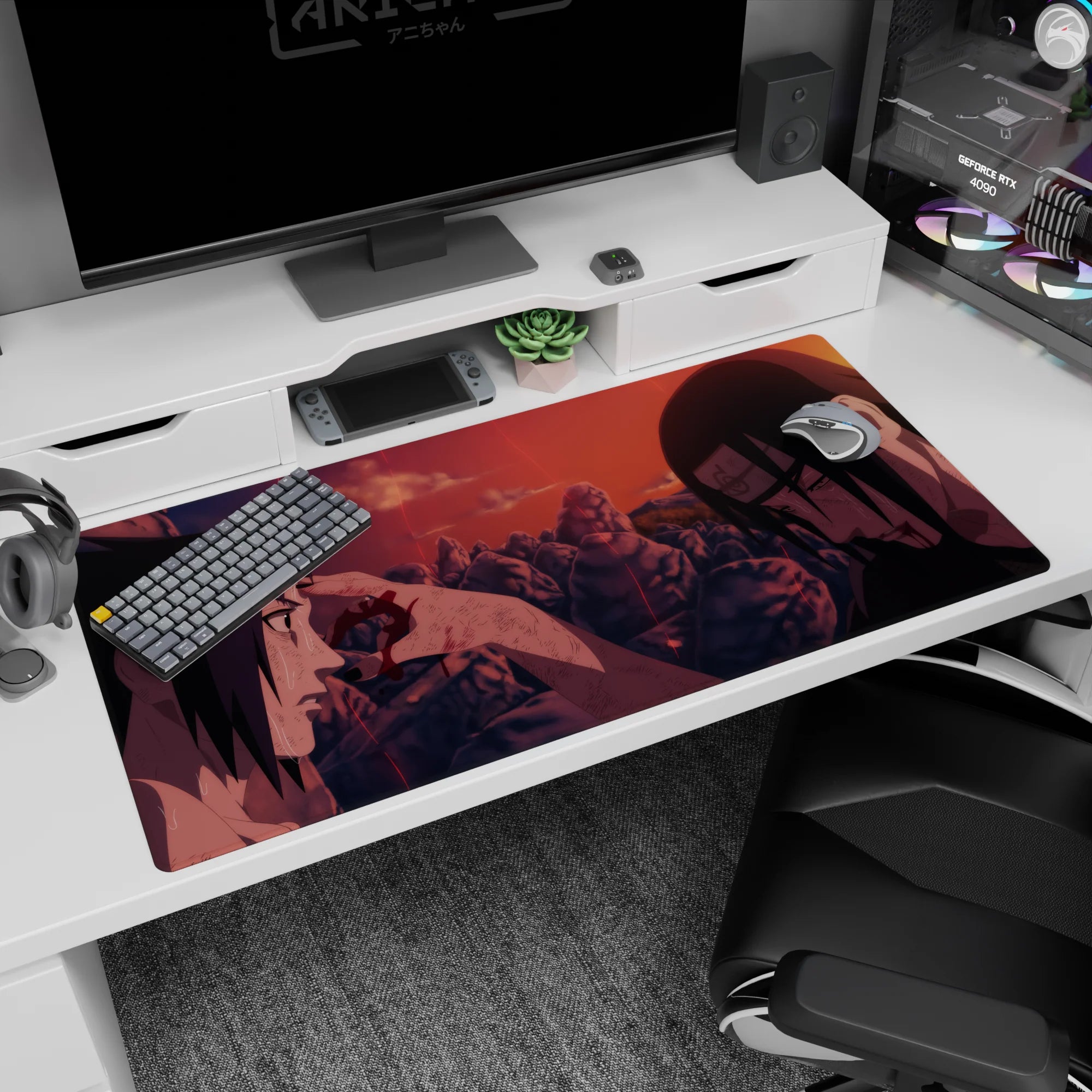 Sasuke and Itachi Uchiha facing each other at dusk on anime desk pad, 40x20 inches.