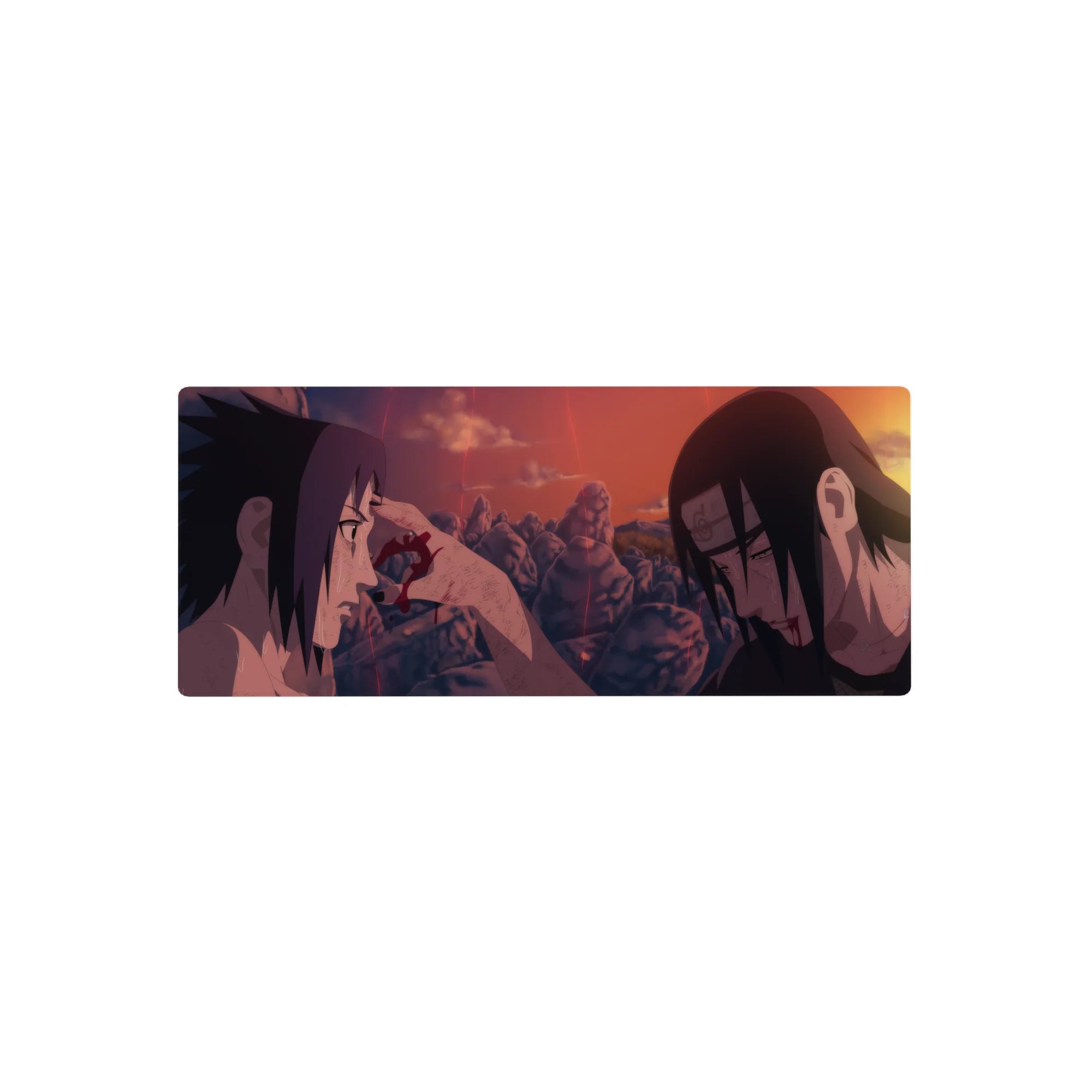 Naruto Shippuden Uchiha anime mouse pad 28x12 inches with Sasuke and Itachi at sunset.